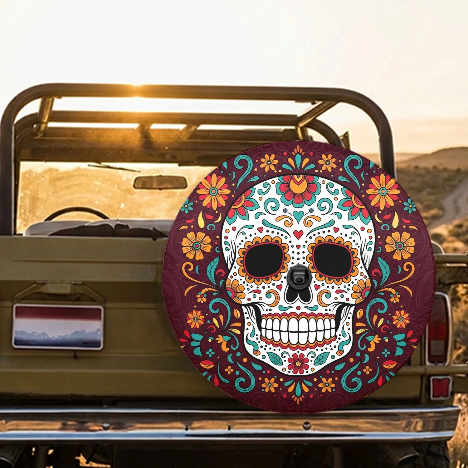 Sugar Skull Floral Heart Mexican Folk Art - Dia de los Muertos Gift Spare Tire Cover - 1