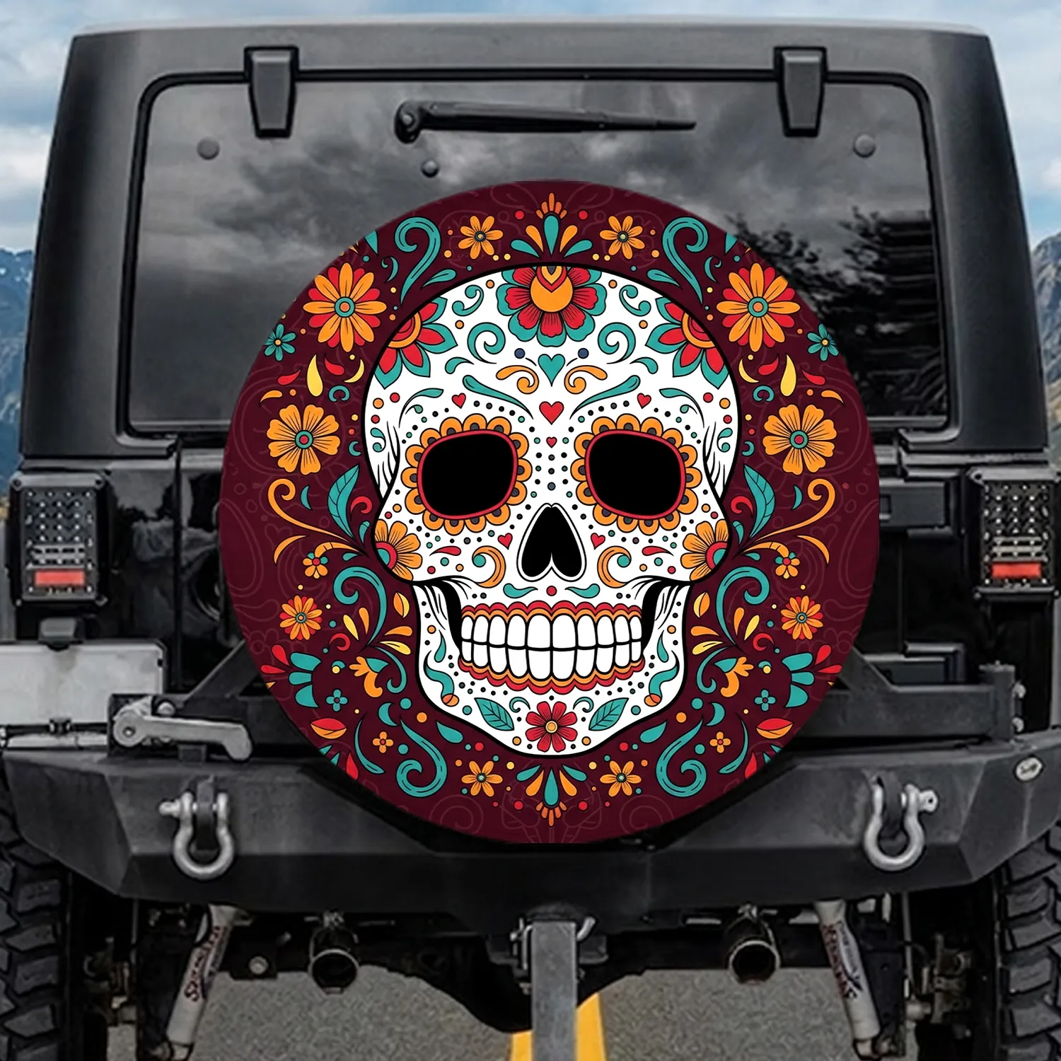 Sugar Skull Floral Heart Mexican Folk Art - Dia de los Muertos Gift Spare Tire Cover - 1