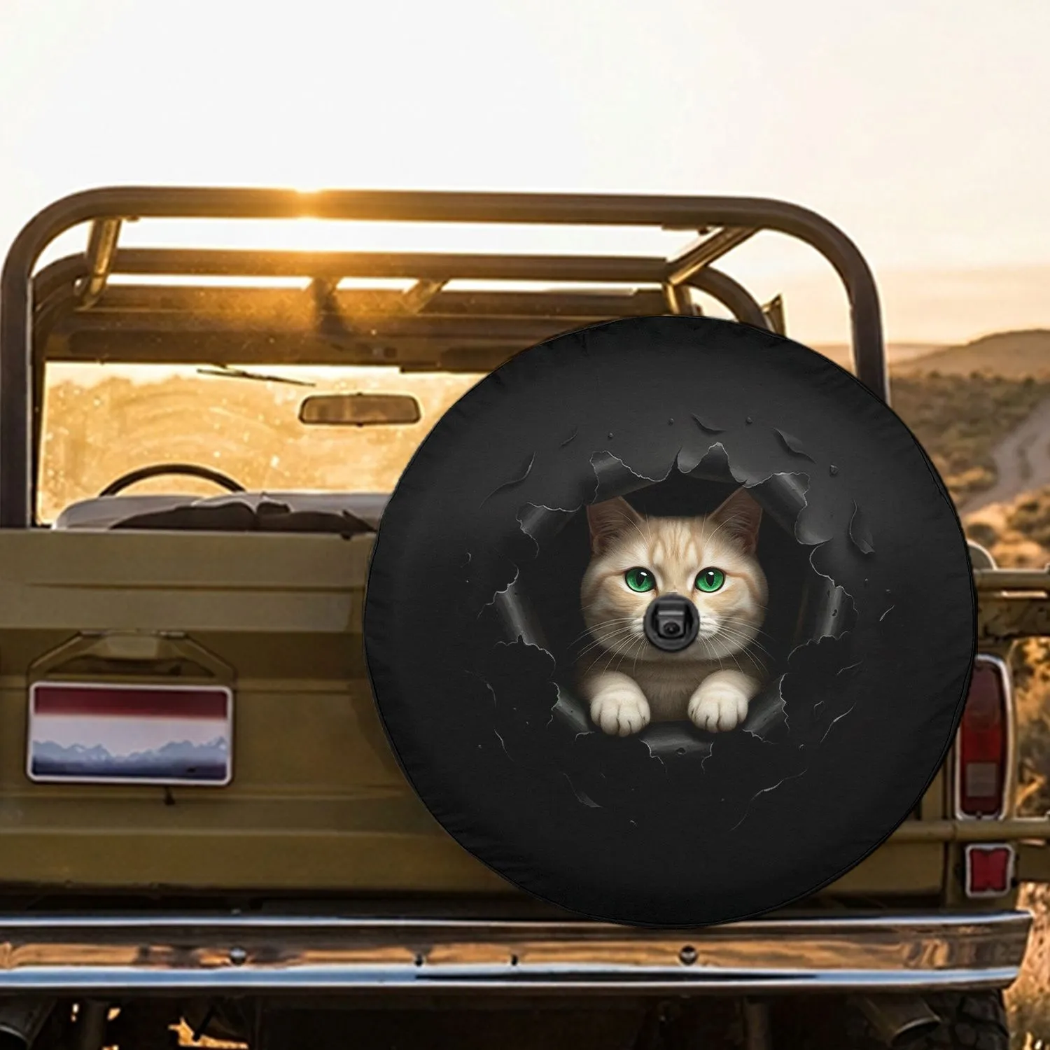 Curious Cream Cat Emerald Eye Emerging From Rip - Cat Lover Gift Spare Tire Cover - 1