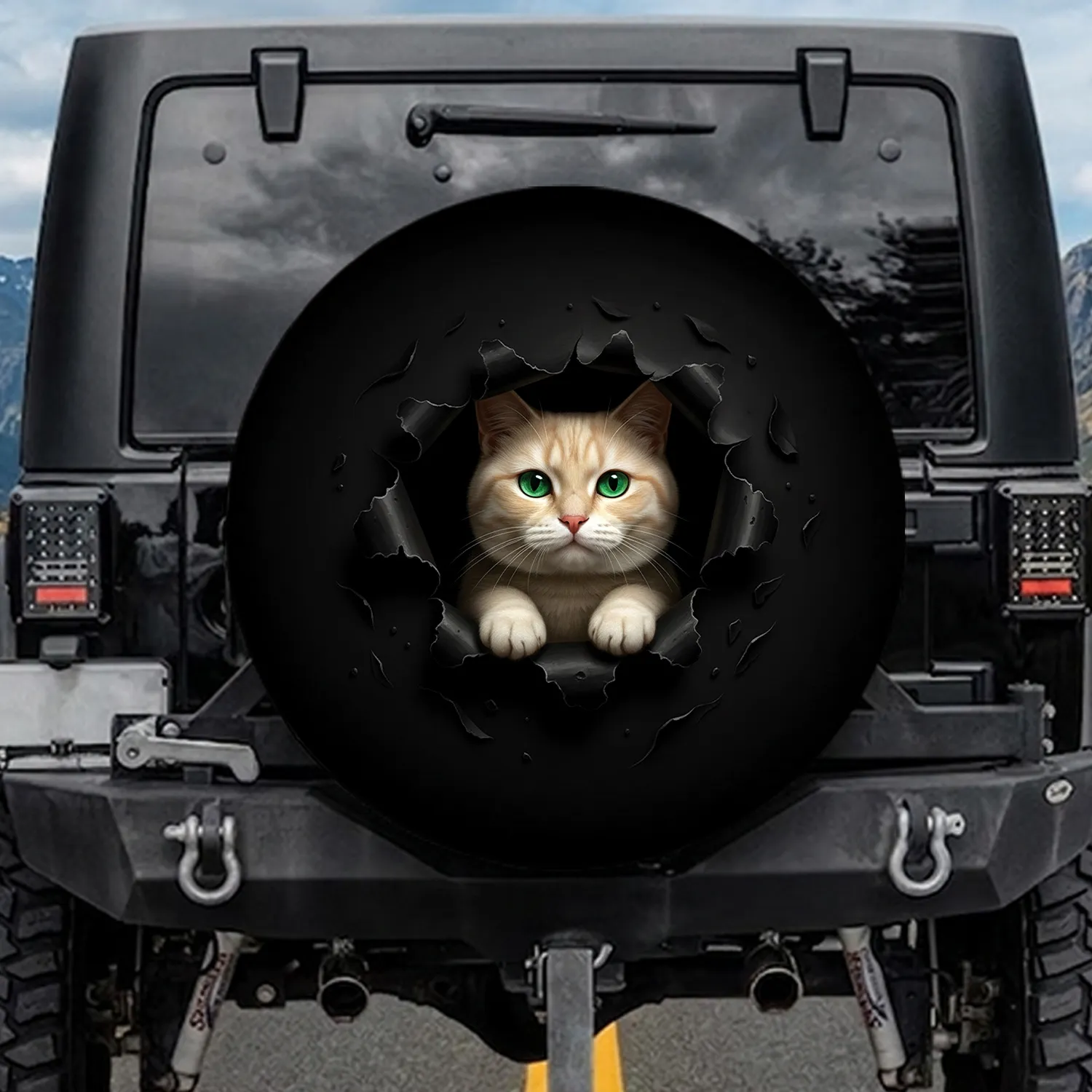 Curious Cream Cat Emerald Eye Emerging From Rip - Cat Lover Gift Spare Tire Cover - 1