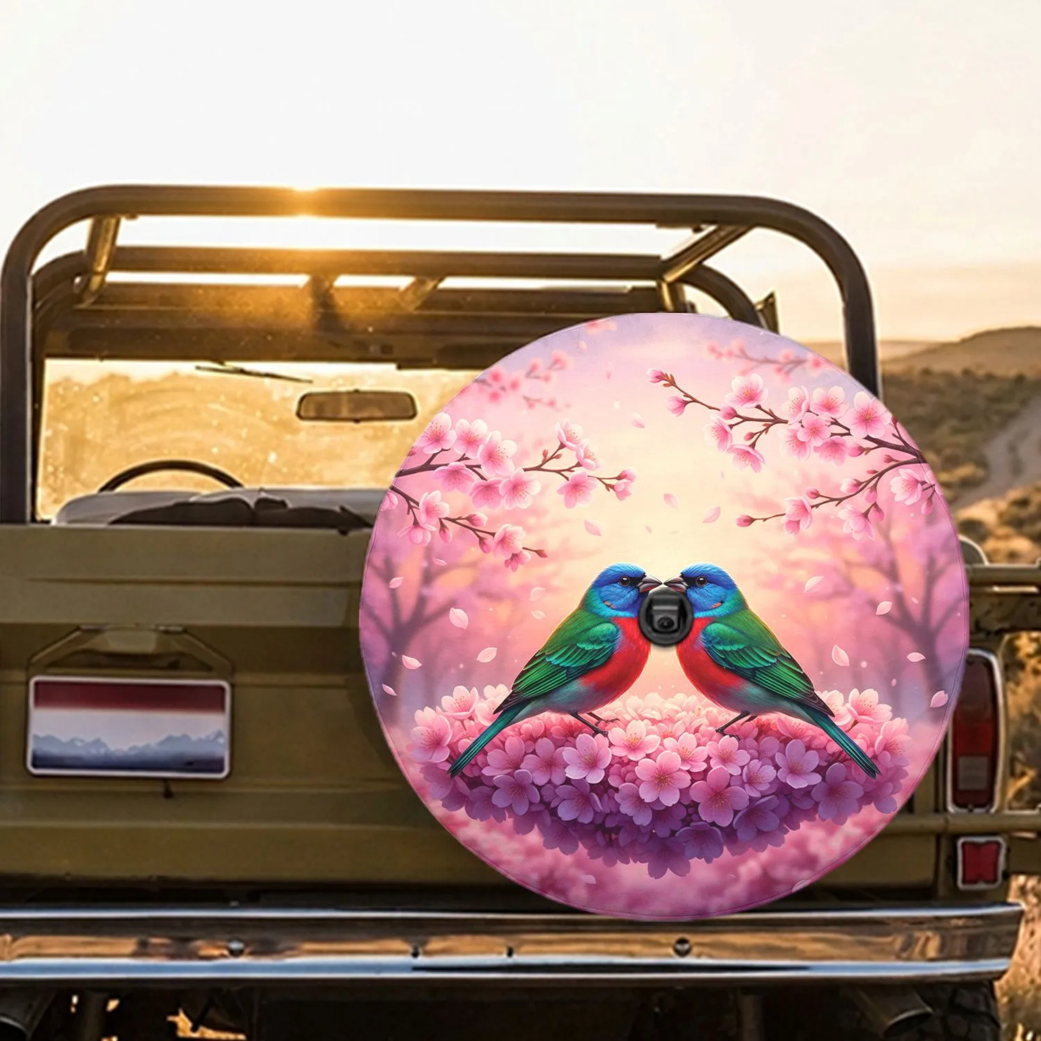 Exotic Painted Buntings Cherry Blossom Flowers Nature Lover Gift Spare Tire Cover - 1