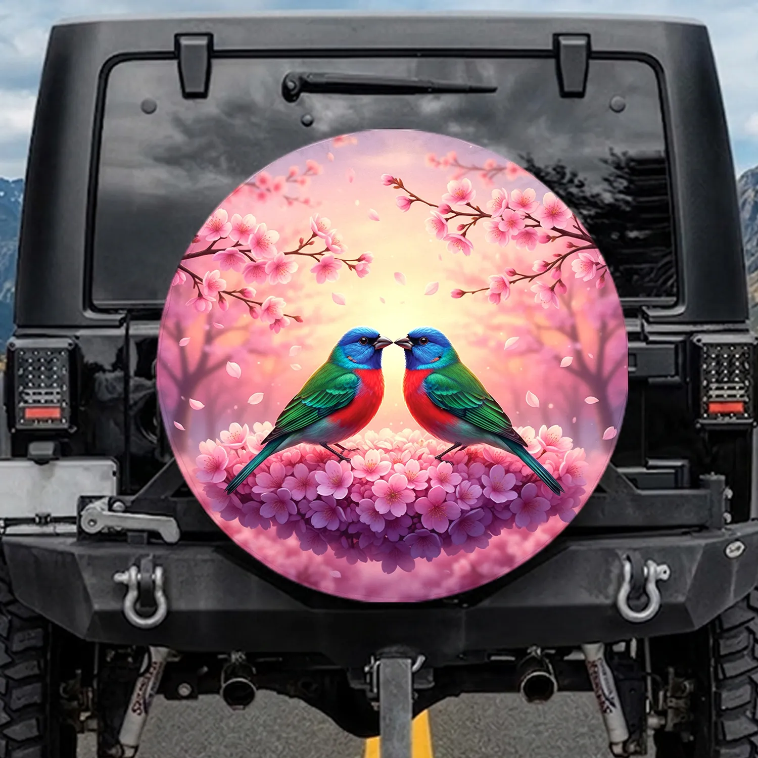 Exotic Painted Buntings Cherry Blossom Flowers Nature Lover Gift Spare Tire Cover - 1