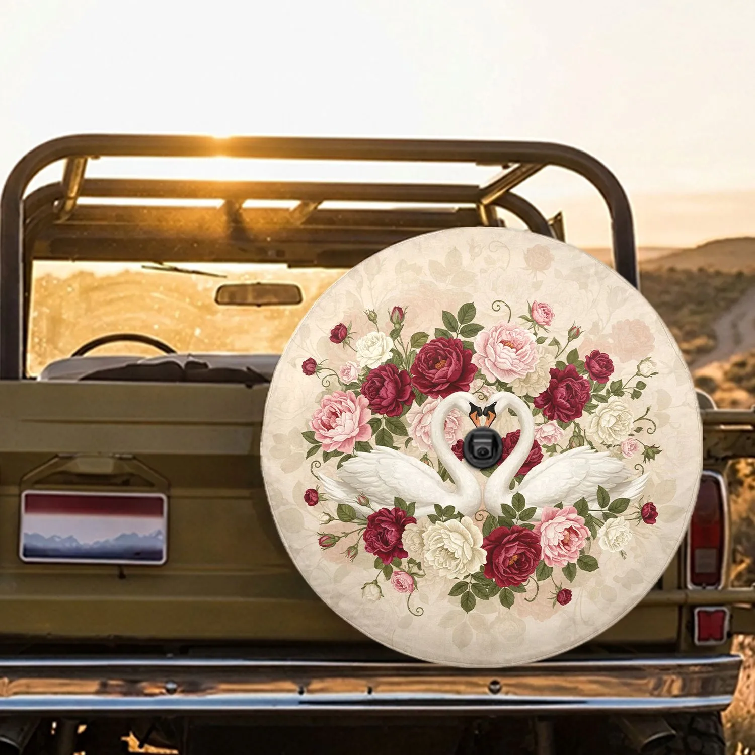 White Swans Heart Roses Peonies Floral - Home Decor Gift for Bird Lovers Spare Tire Cover - 1