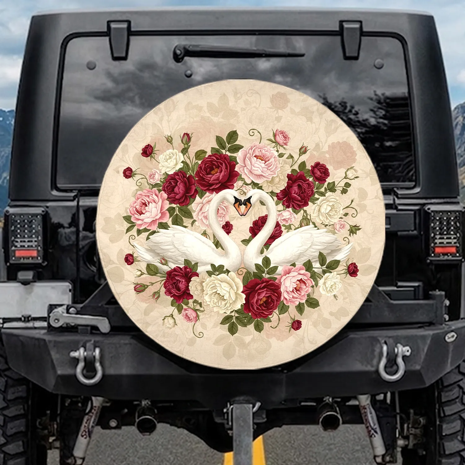 White Swans Heart Roses Peonies Floral - Home Decor Gift for Bird Lovers Spare Tire Cover - 1