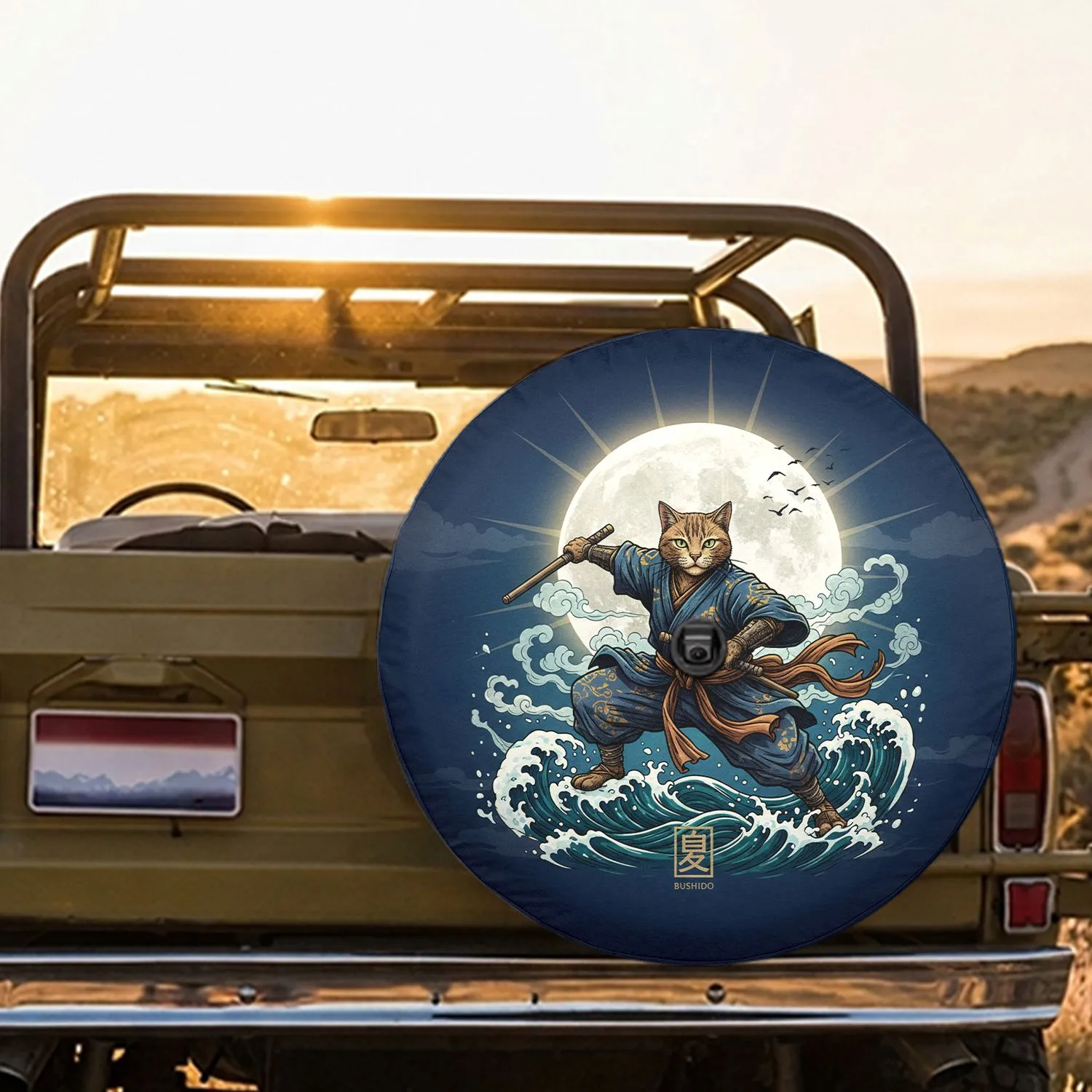 Japanese Cat Samurai Ocean Waves Moon - Martial Arts Fan Car Decor Gift Spare Tire Cover - 1