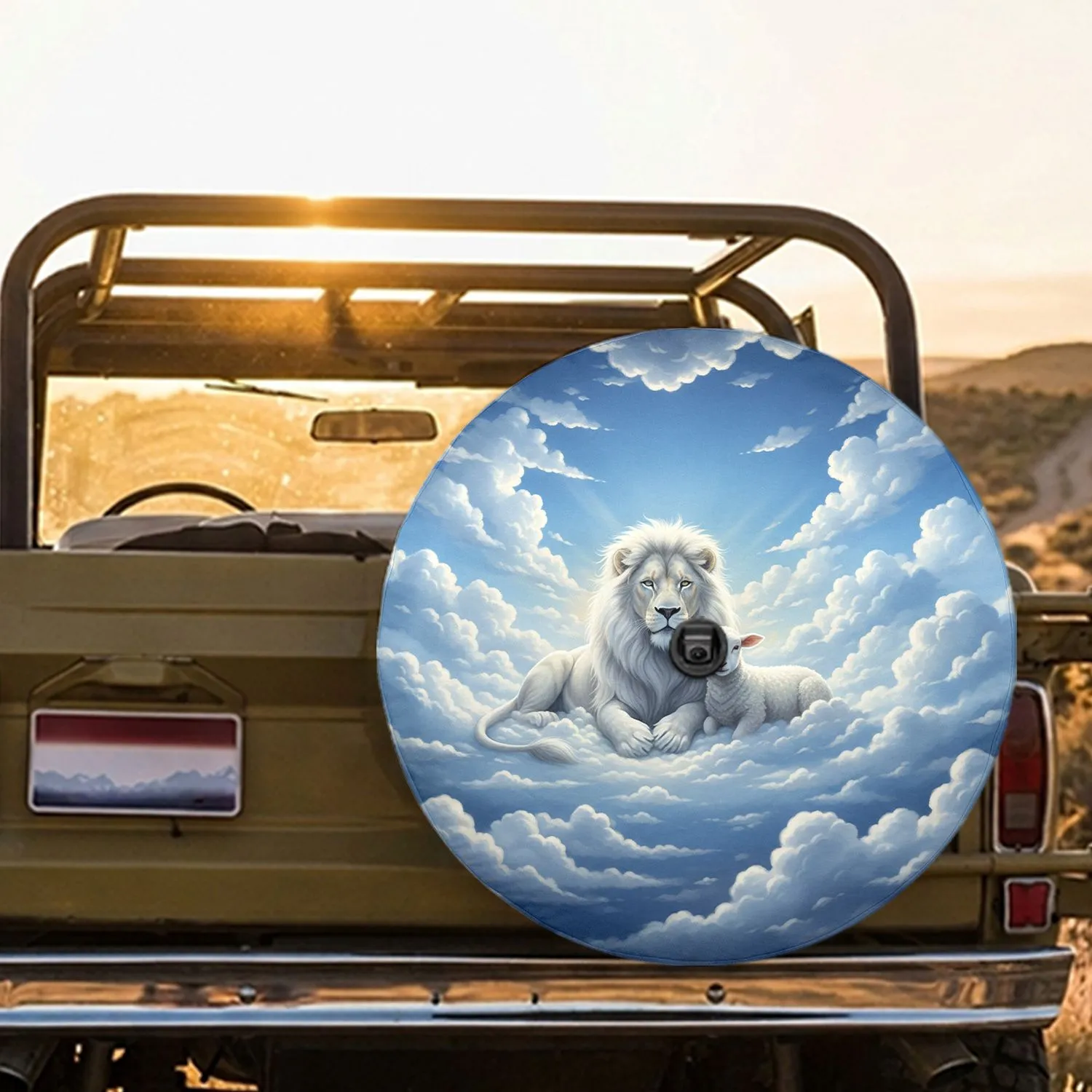 White Maned Lion Gentle Lamb Fluffy Clouds Azure Sky - Gift for Animal Lovers Spare Tire Cover - 1
