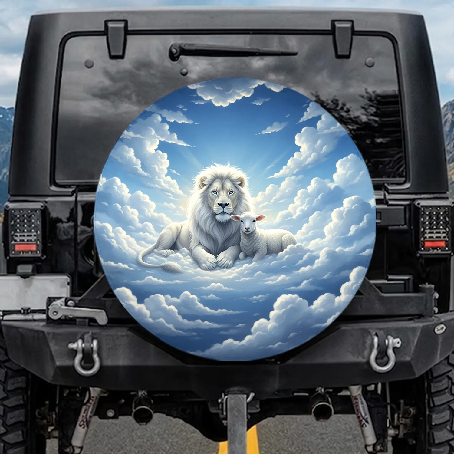White Maned Lion Gentle Lamb Fluffy Clouds Azure Sky - Gift for Animal Lovers Spare Tire Cover - 1