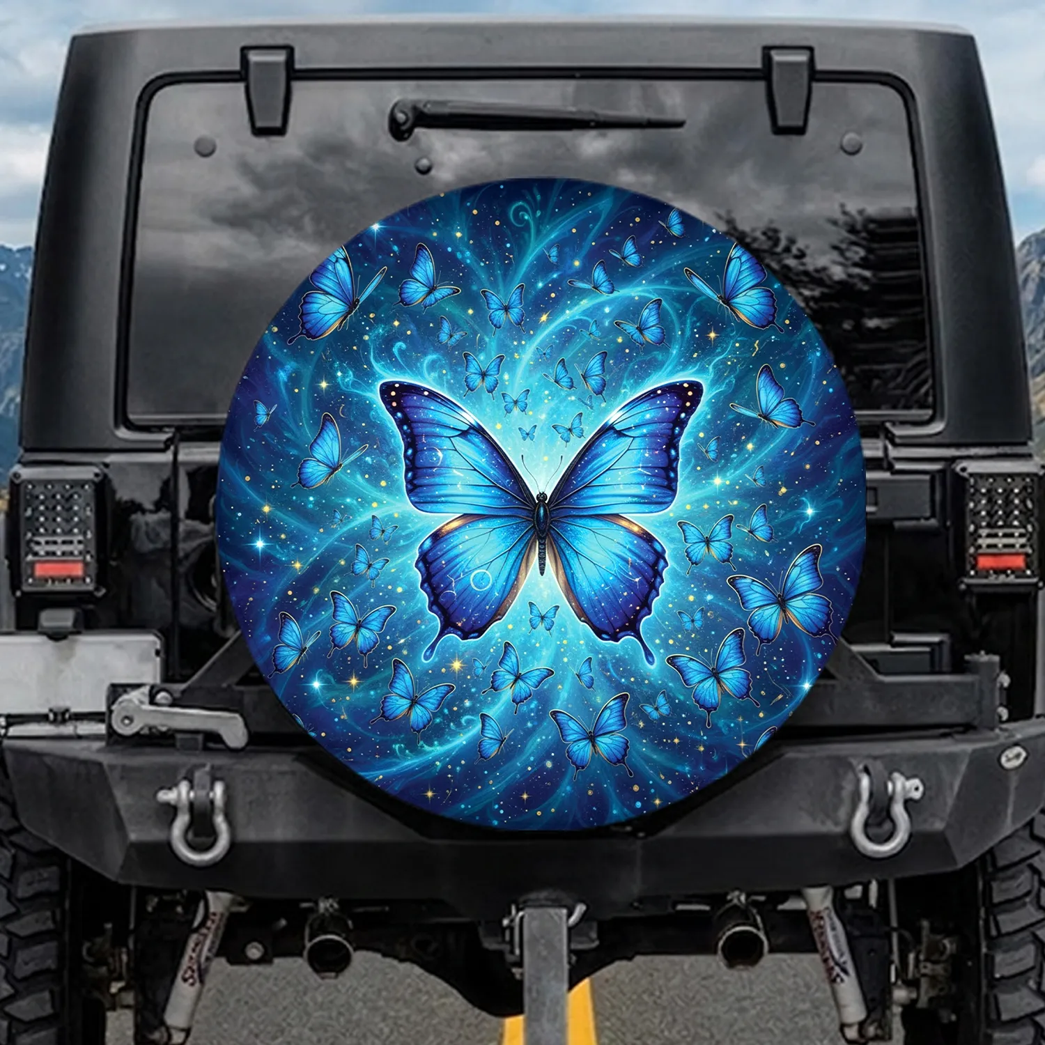Blue Butterfly Cosmic Energy Stars - Home Decor Gift for Butterfly Lover Spare Tire Cover - 1