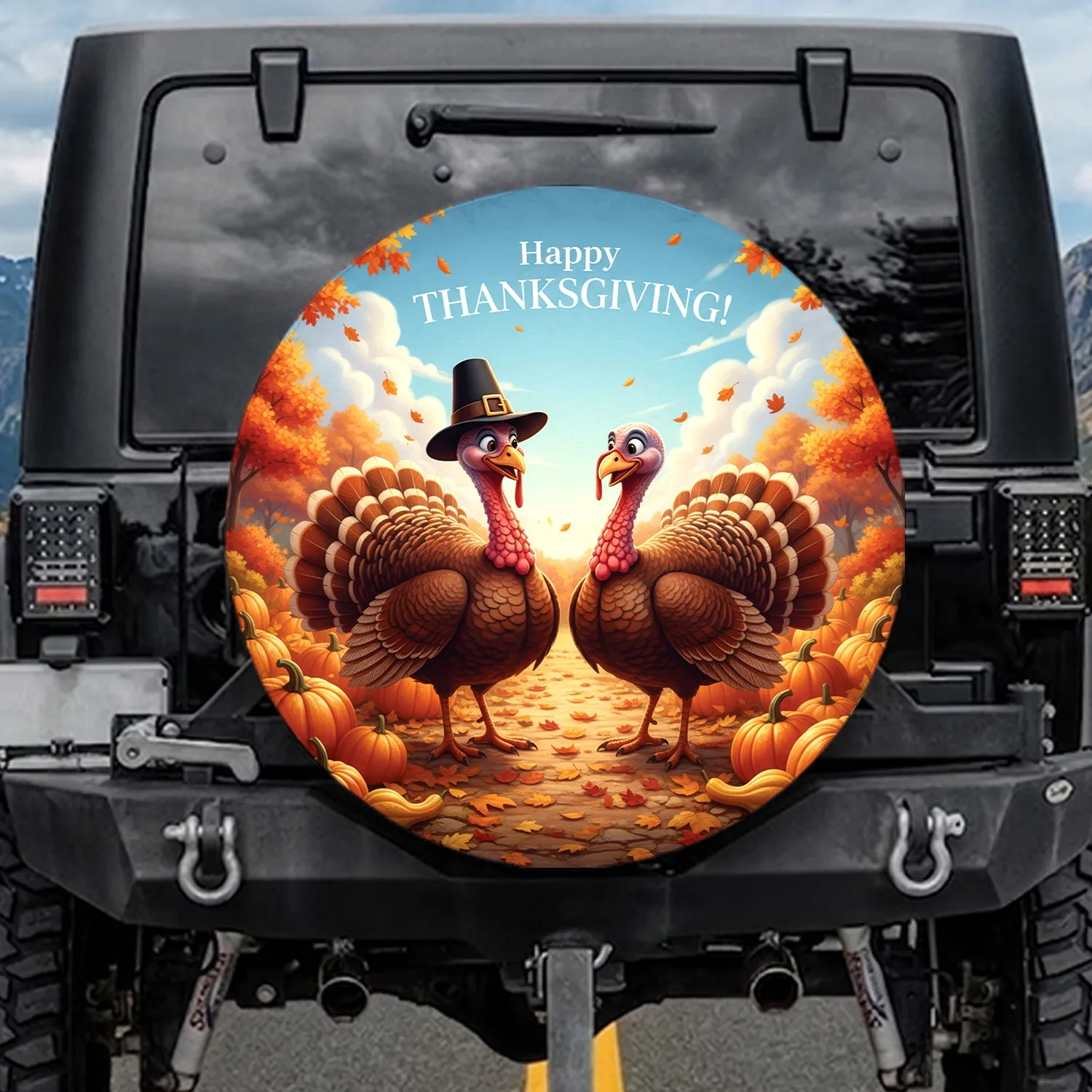 Turkey Pumpkin Autumn Leaves Thanksgiving Holiday Gift for Fall Decor Spare Tire Cover - 1