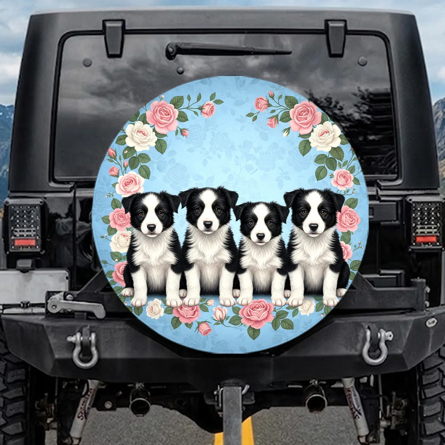 Border Collie Puppies Rose Garden - Dog Lover Home Decor Gift Spare Tire Cover - 1