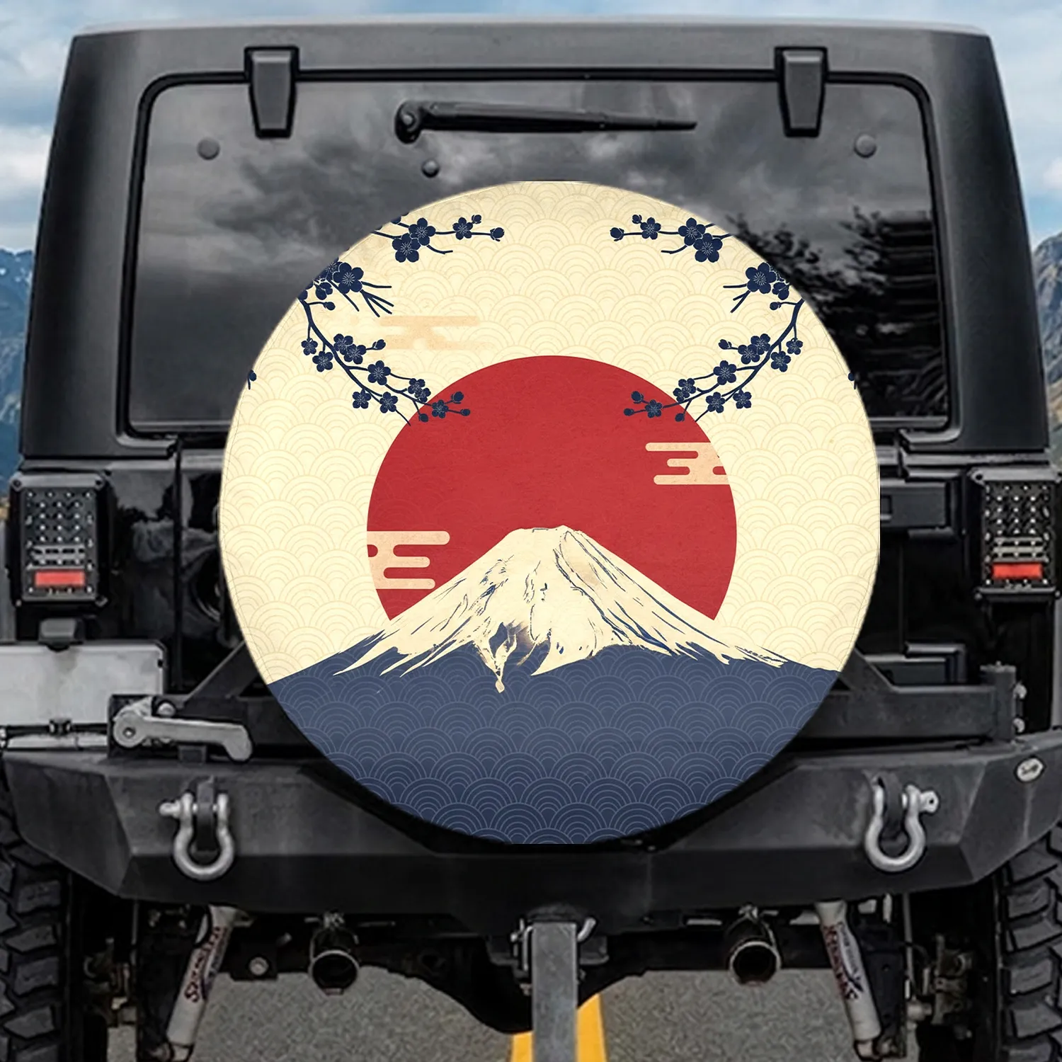 Mount Fuji Red Sun Cherry Blossom Seigaiha - Japan Mountain Lover Gift Spare Tire Cover - 1