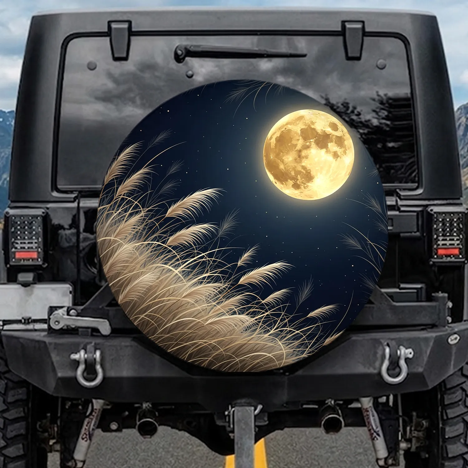 Golden Full Moon Wispy Tall Grass Night Sky Stars - Nature Lover Outdoor Vehicle Gift Spare Tire Cover - 1
