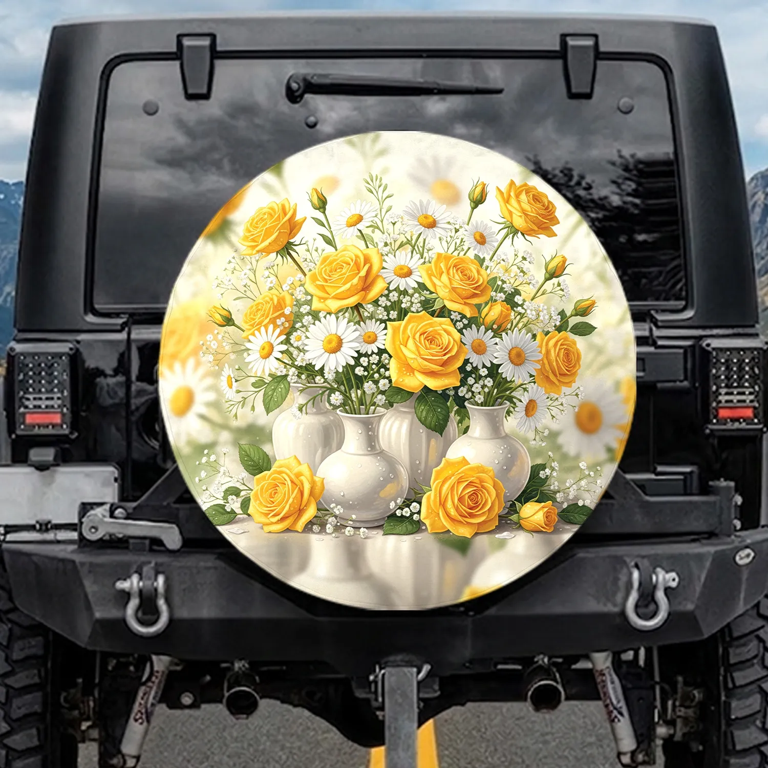 Yellow Roses White Daisies Vases Floral - Home Decor Gift for Garden Lover Spare Tire Cover - 1