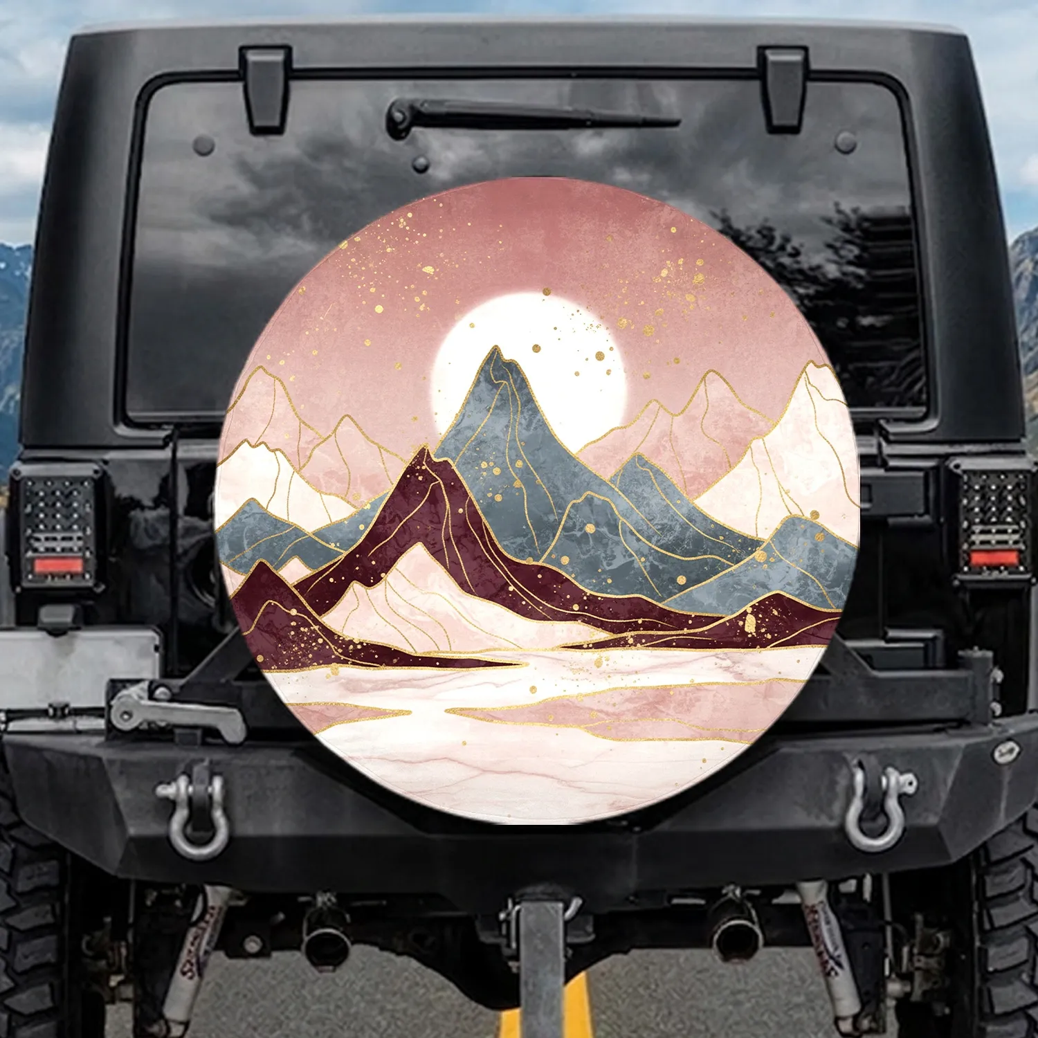 Maroon Gold Mountain Peaks Sun Moon Water - Travel Essentials Gift Spare Tire Cover - 1