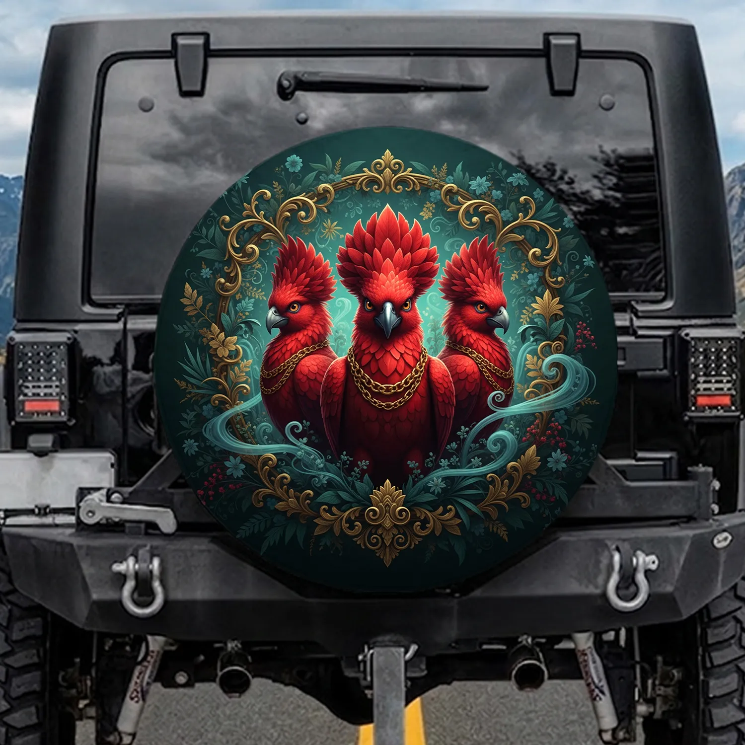 Majestic Red Birds Golden Chains Jungle Foliage - Wildlife Lover Gift Spare Tire Cover - 1