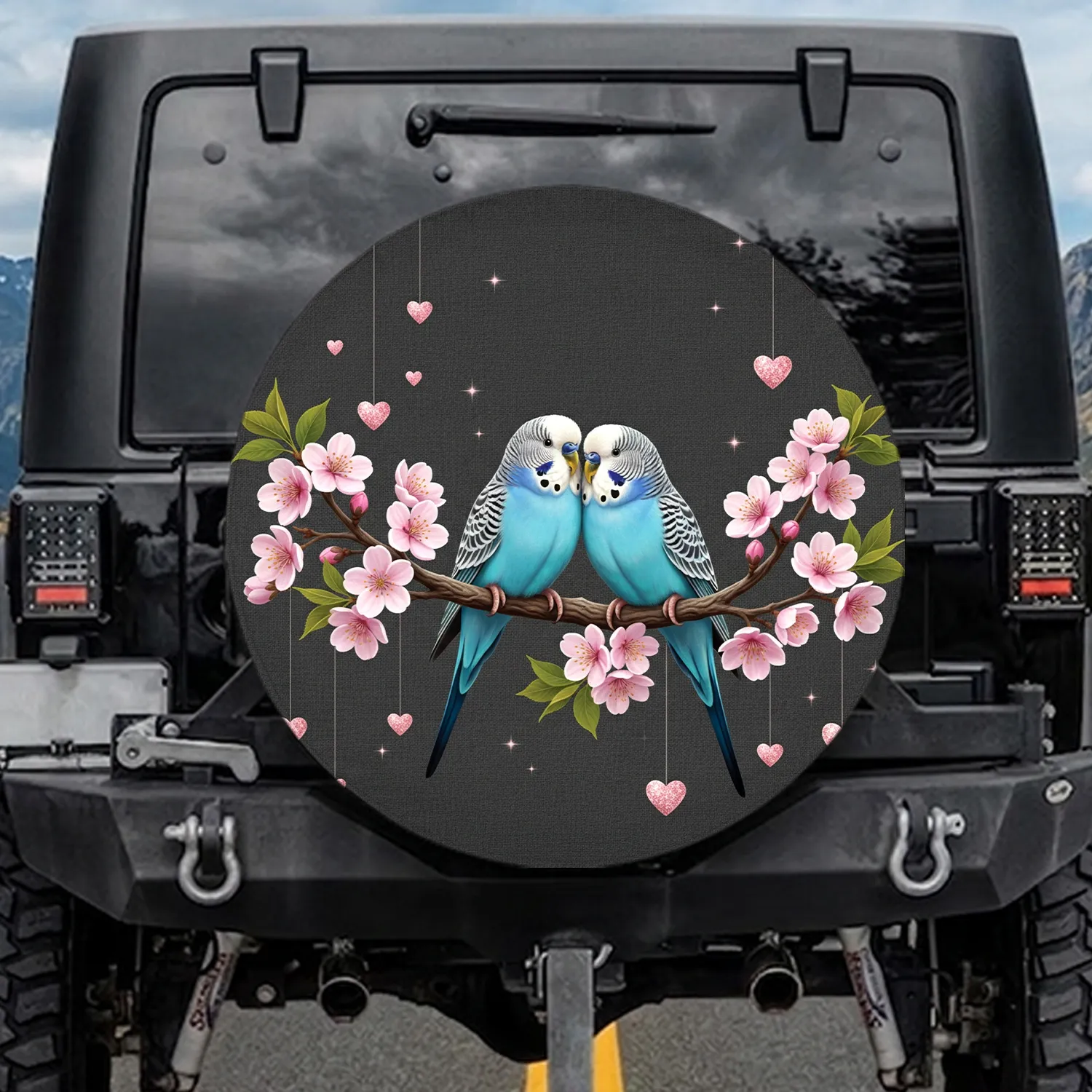 Pair of Light Blue Budgies Cherry Blossom Branch Glitter Hearts - Wildlife Lover Gift Spare Tire Cover - 1