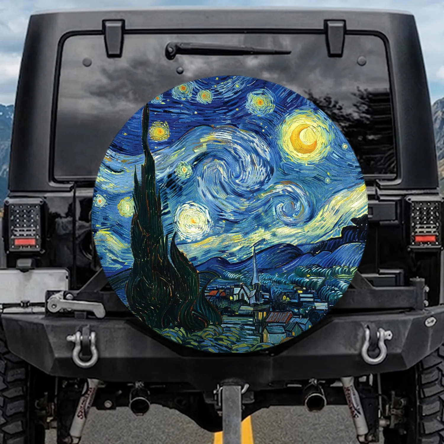 Flame Cypress Tree Swirling Moon Star Village Hills - Cosmic Night Sky Home Decor Gift for Space Lover Spare Tire Cover - 1