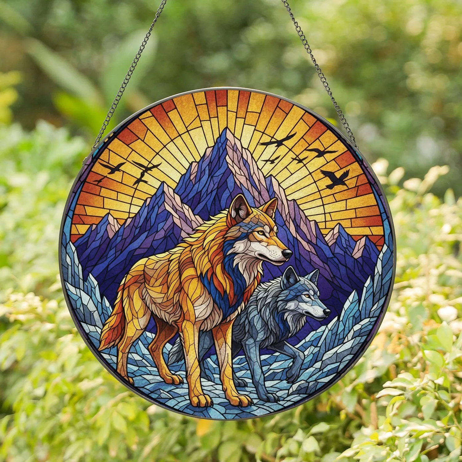 Three Wolves Jagged Mountains Sunset Sky Birds - Wildlife Lover Home Decor Gift Stained Glass Suncatcher - 1