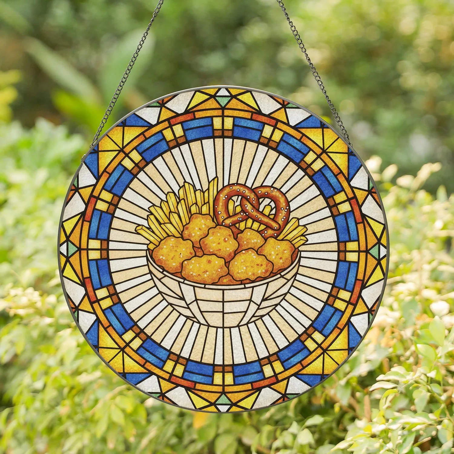 Golden Fried Chicken Nuggets French Fries Soft Pretzel - Home Decor Gift Stained Glass Suncatcher - 1
