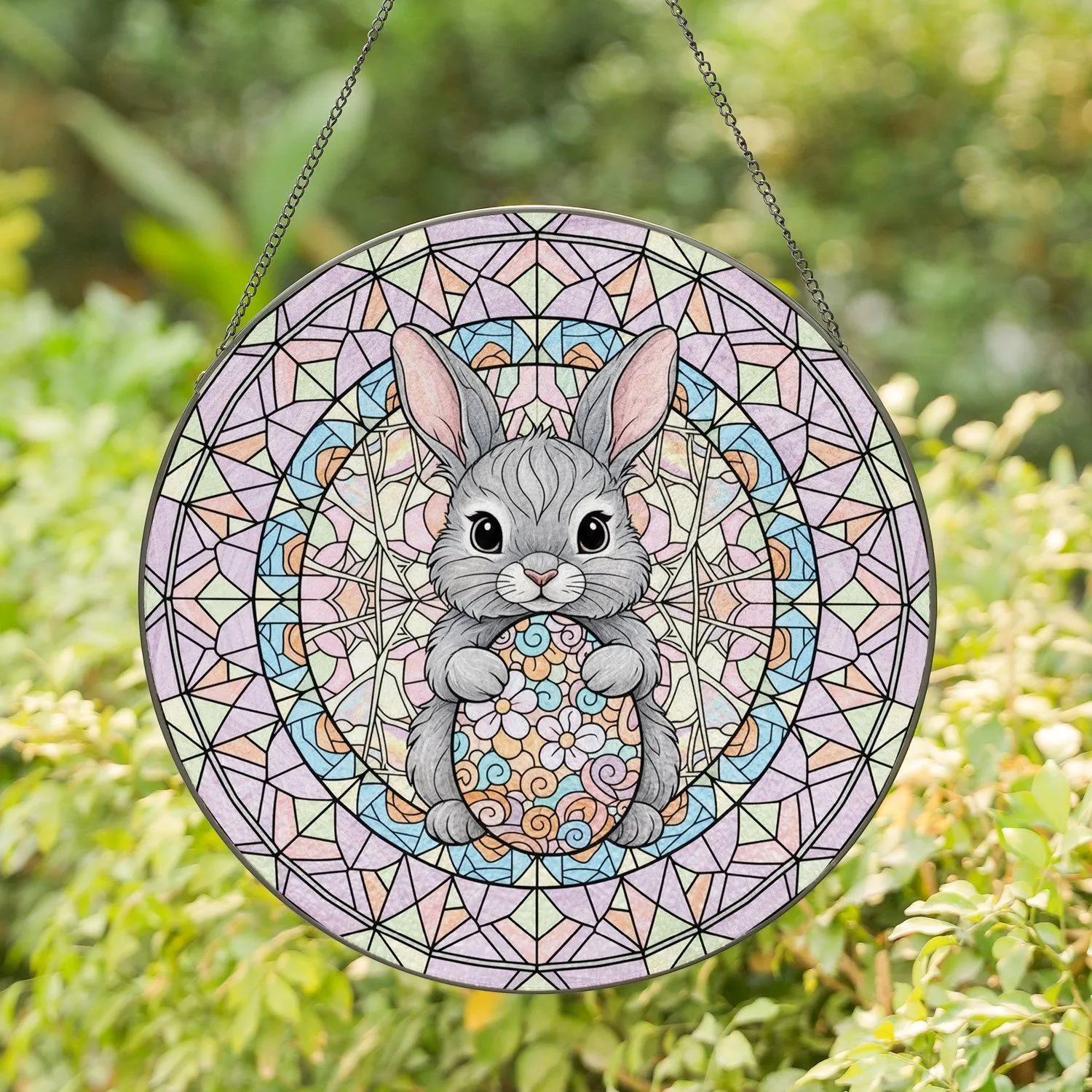 Tiffany Stained Glass Fluffy Baby Bunny Floral Easter Egg - Easter Holiday Gift Stained Glass Suncatcher - 1