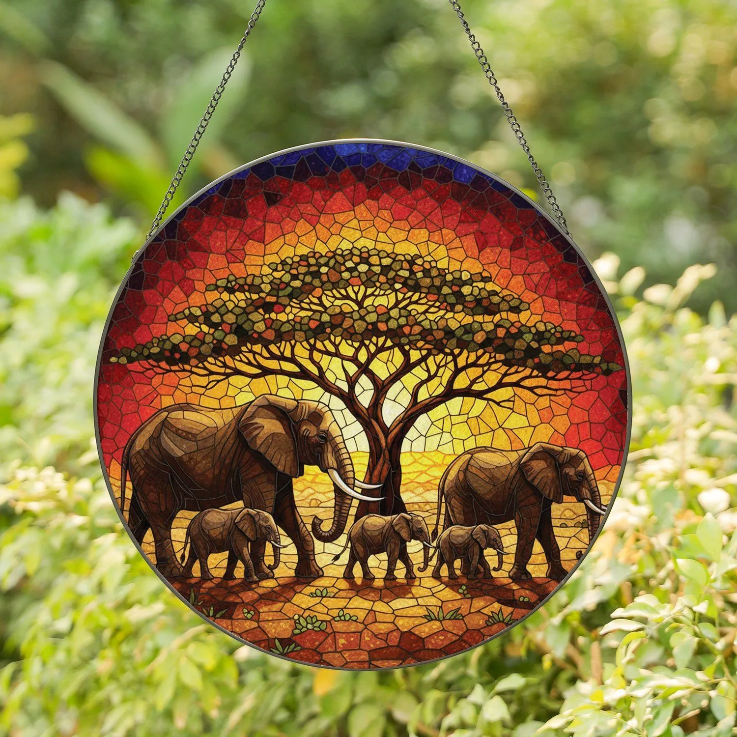 Majestic African Elephants Herd Sunlit Savanna Sunset Acacia Tree - Wildlife Lover Home Decor Gift Stained Glass Suncatcher - 1