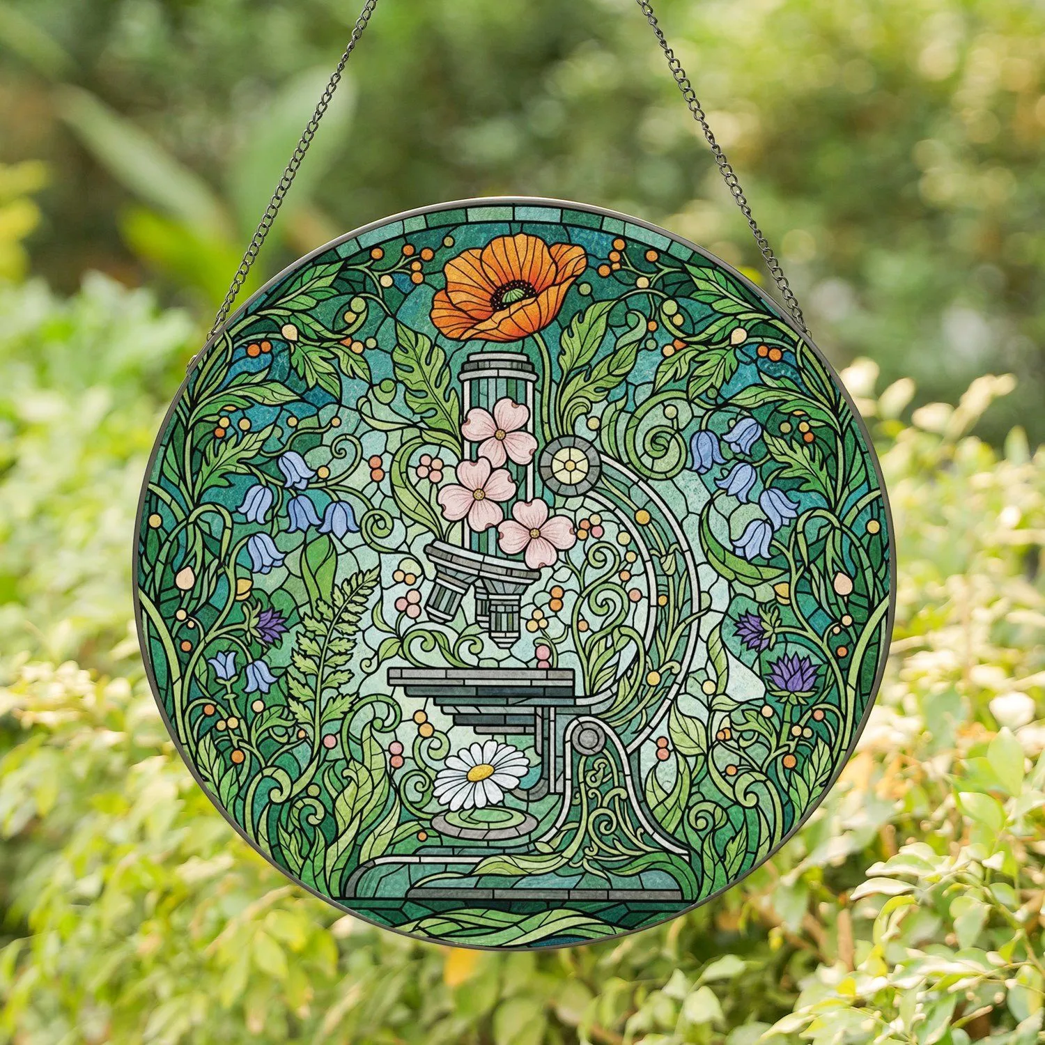 Botanical Microscope Blooming Wildflowers - Home Decor Gift for Science Lover Stained Glass Suncatcher - 1