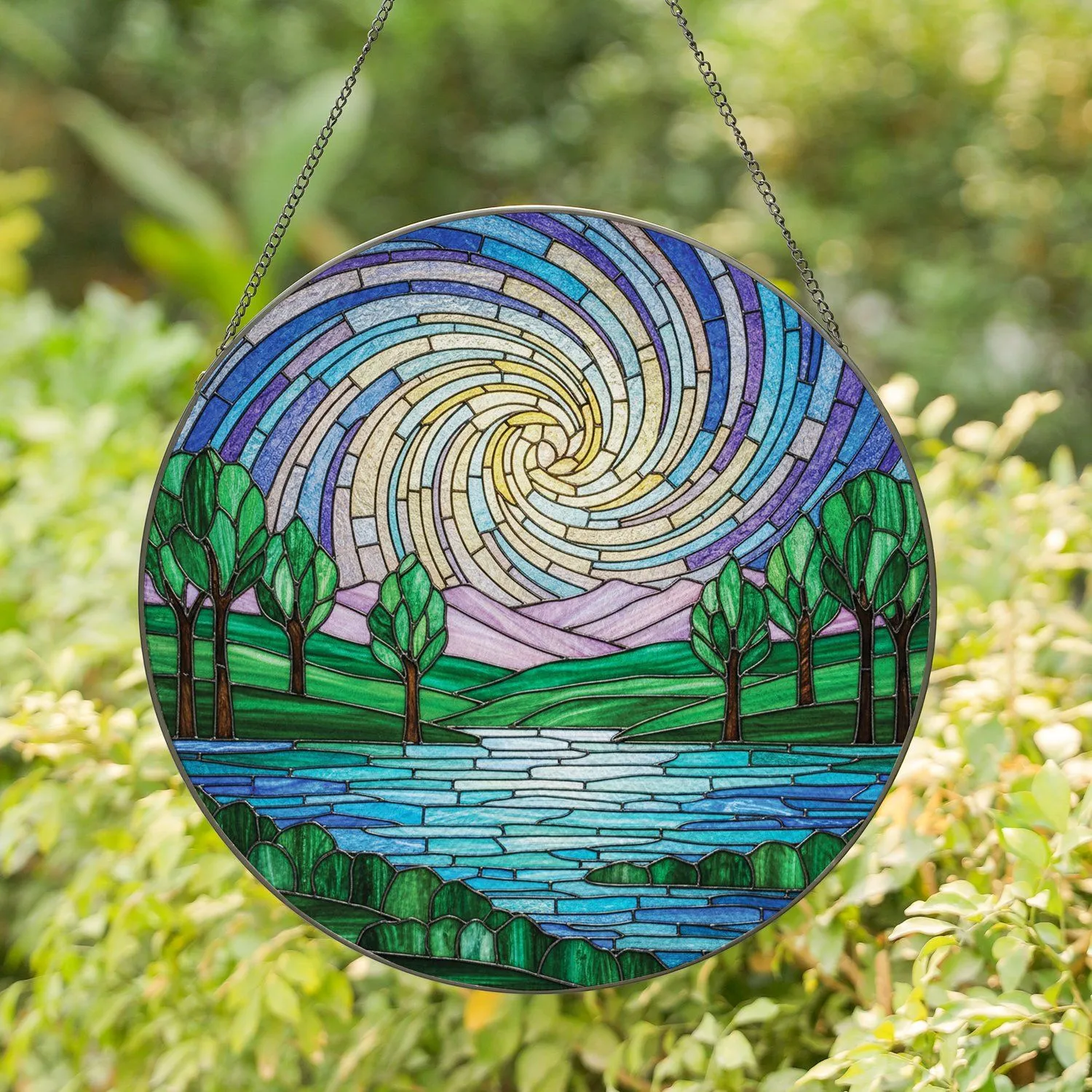 Tiffany Layered Natural Scene Hills Water Mountains Sky View - Home Decor Gift Stained Glass Suncatcher - 1