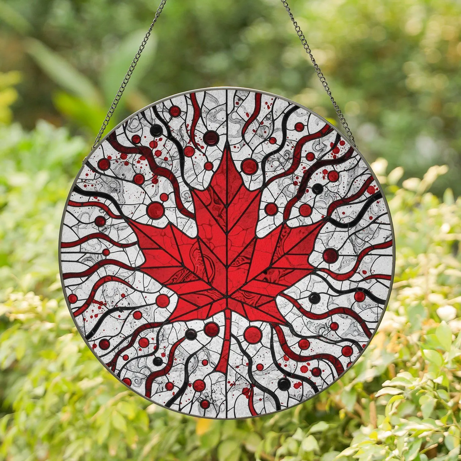 Vibrant Red Maple Leaf Black Lead Lines Glass Splatter Mosaic - Home Decor Housewarming Gift Stained Glass Suncatcher - 1