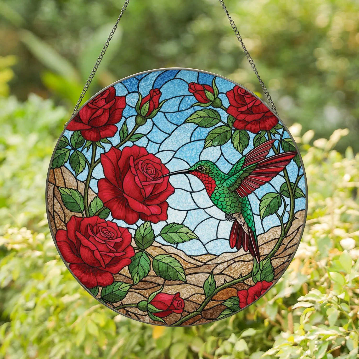 Hummingbird Red Rose Garden Blooms - Home Decor Gift for Bird Lover Stained Glass Suncatcher - 1