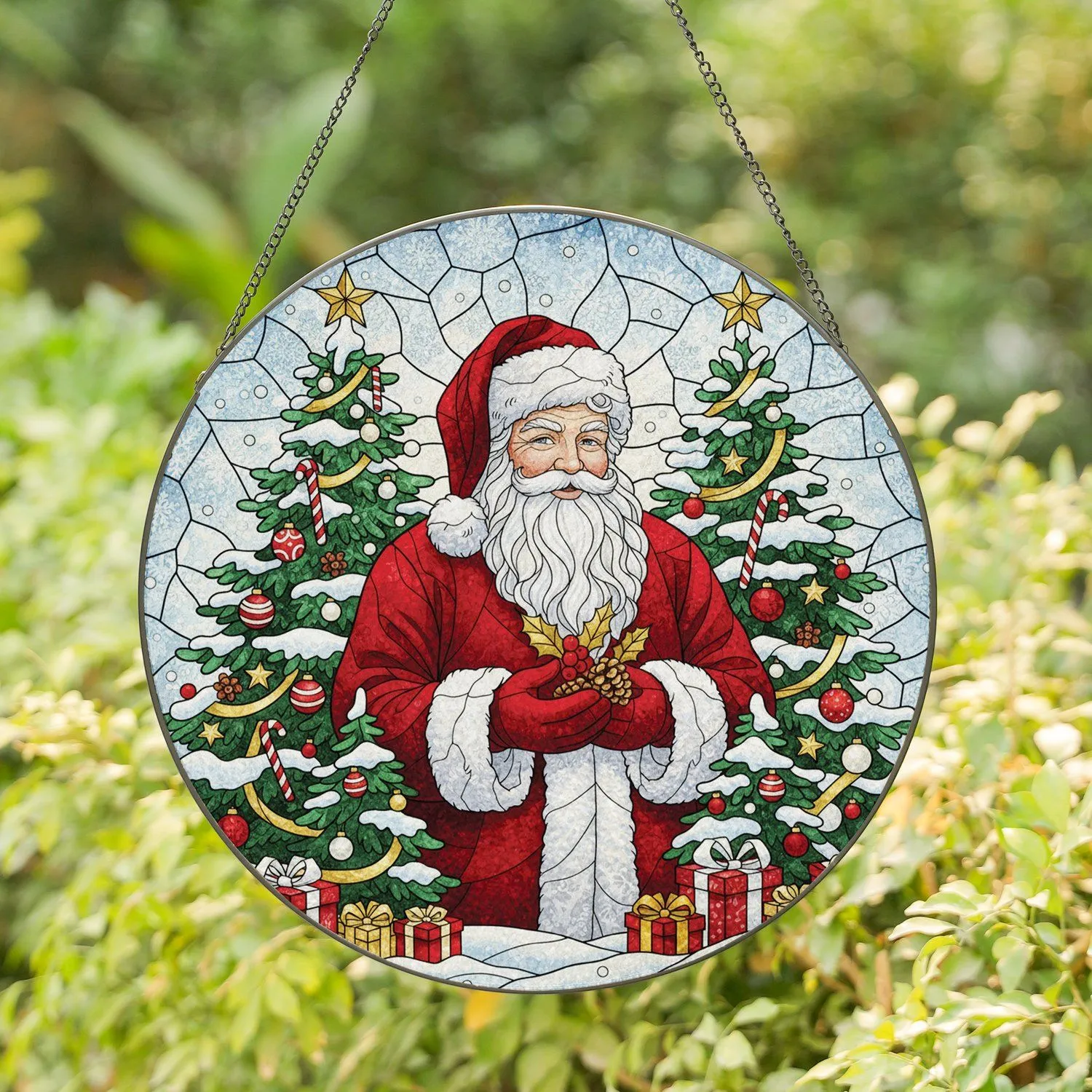 Santa Claus Christmas Trees Presents Holly Snow - Holiday Home Decor Gift Stained Glass Suncatcher - 1