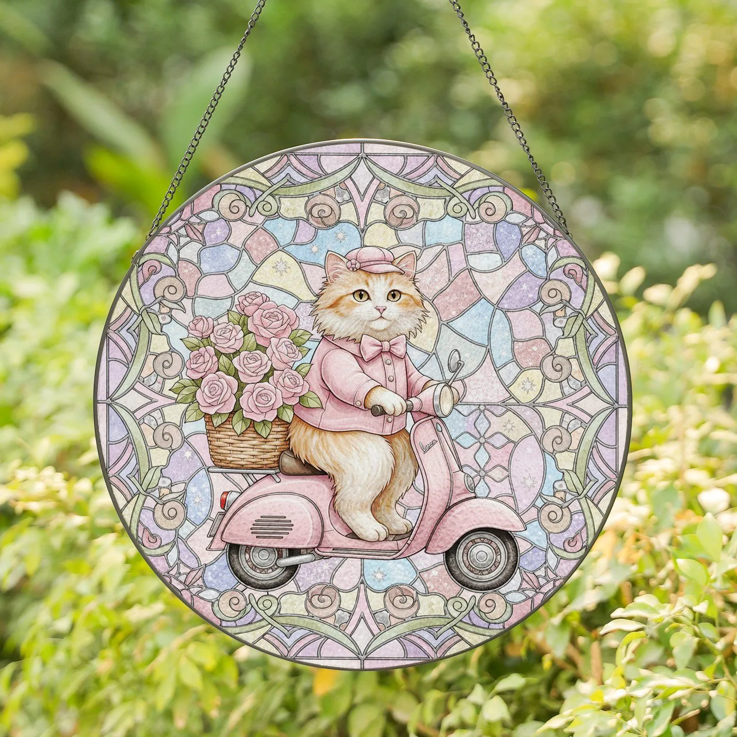Fluffy Cat Pink Cap Scooter Roses Floral Clouds Home Decor Gift Stained Glass Suncatcher - 1