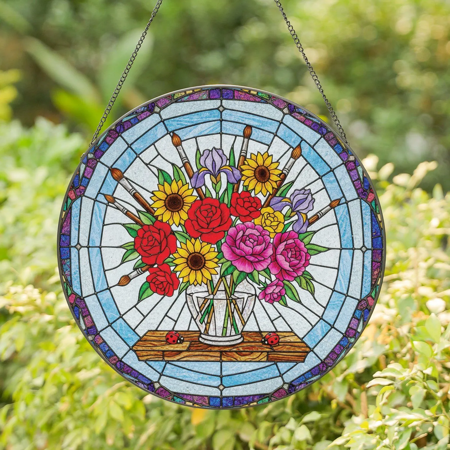 Bouquet Vase Paintbrushes Ladybugs - Art Studio Home Decor Gift Stained Glass Suncatcher - 1