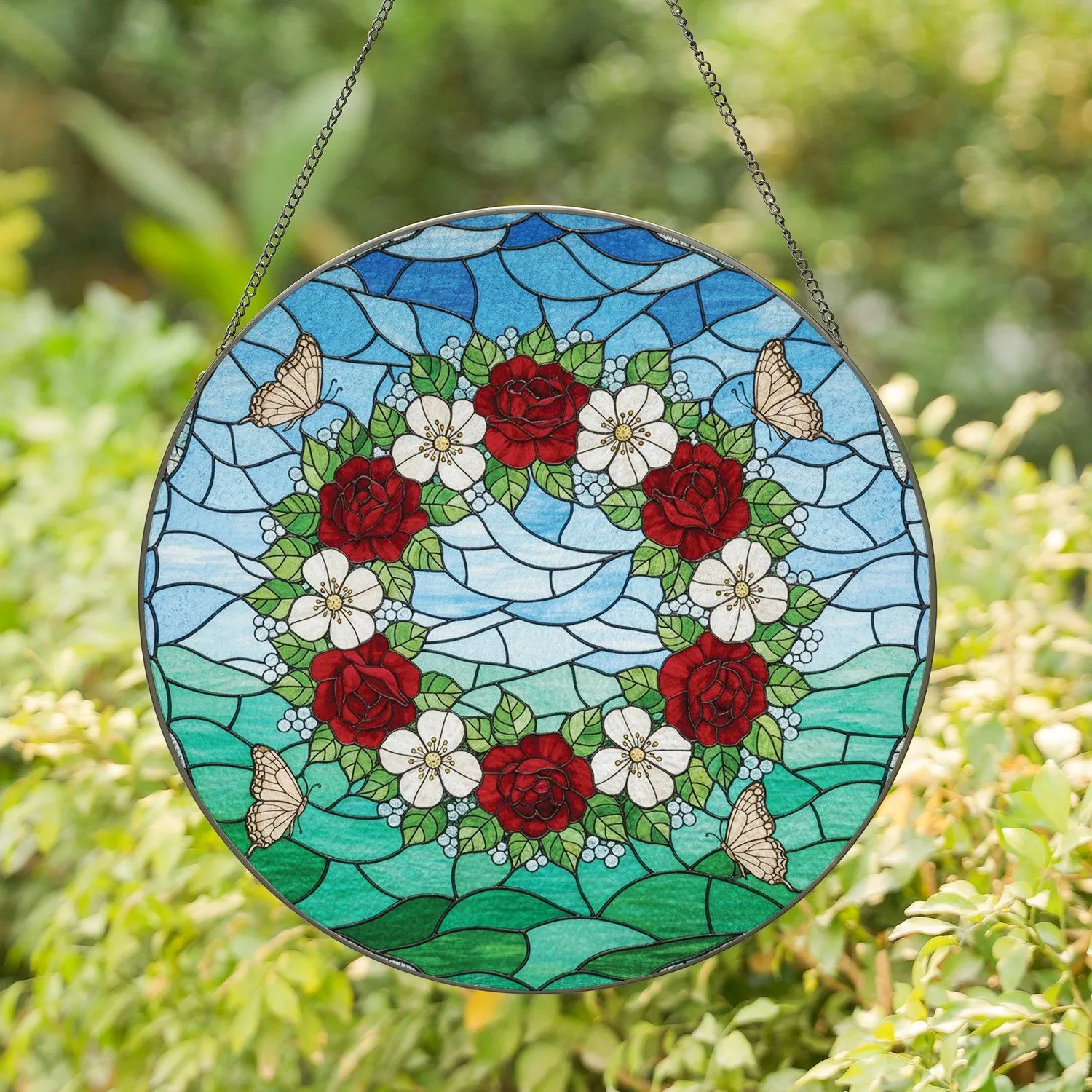 Floral Wreath Butterflies - Home Decor Gift for Garden Lover Stained Glass Suncatcher - 1