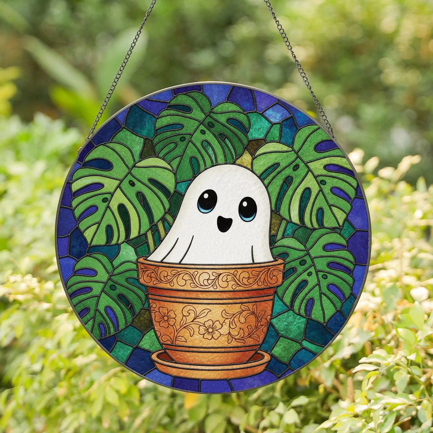 White Ghost Terracotta Pot Monstera Leaves - Home Decor Gift for Ghost Lover Stained Glass Suncatcher - 1