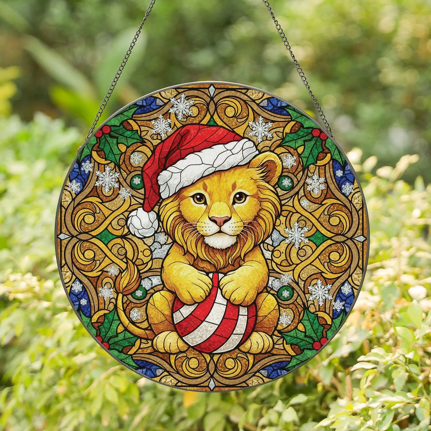 Baby Lion Santa Hat Tiffany Stained Glass Christmas Decor Gift Stained Glass Suncatcher - 1