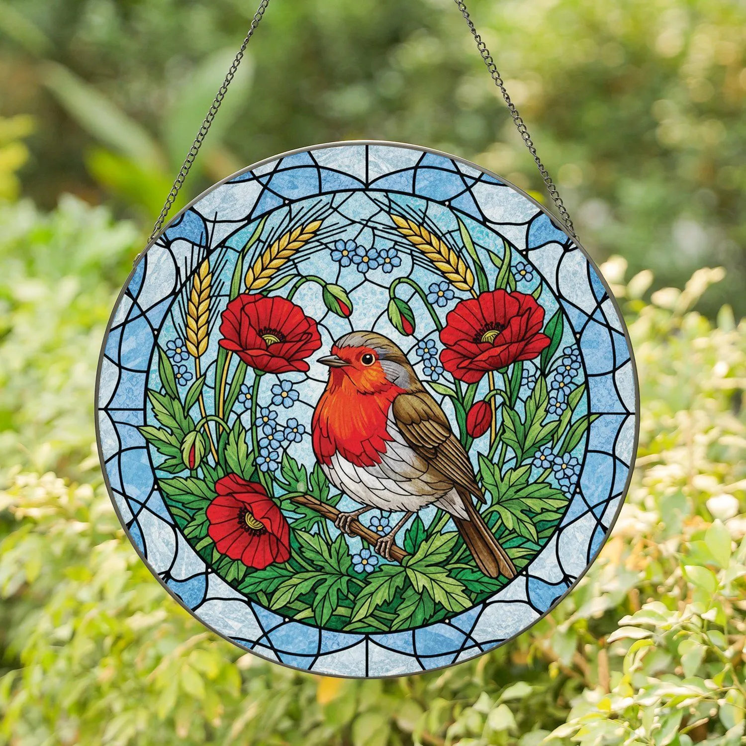 European Robin Red Poppies Golden Wheat Forget-Me-Nots - Home Decor Wildlife Lover Gift Stained Glass Suncatcher - 1