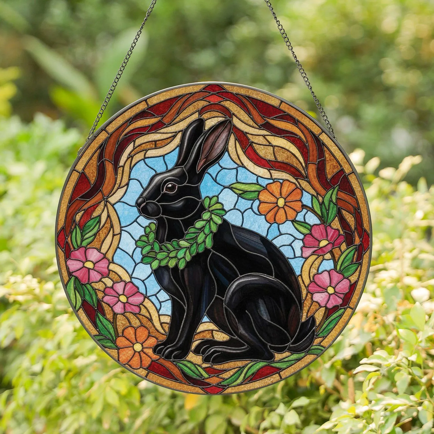 Black Rabbit Sitting Green Leaf Wreath Pink Orange Flowers - Wildlife Home Decor Gift Stained Glass Suncatcher - 1