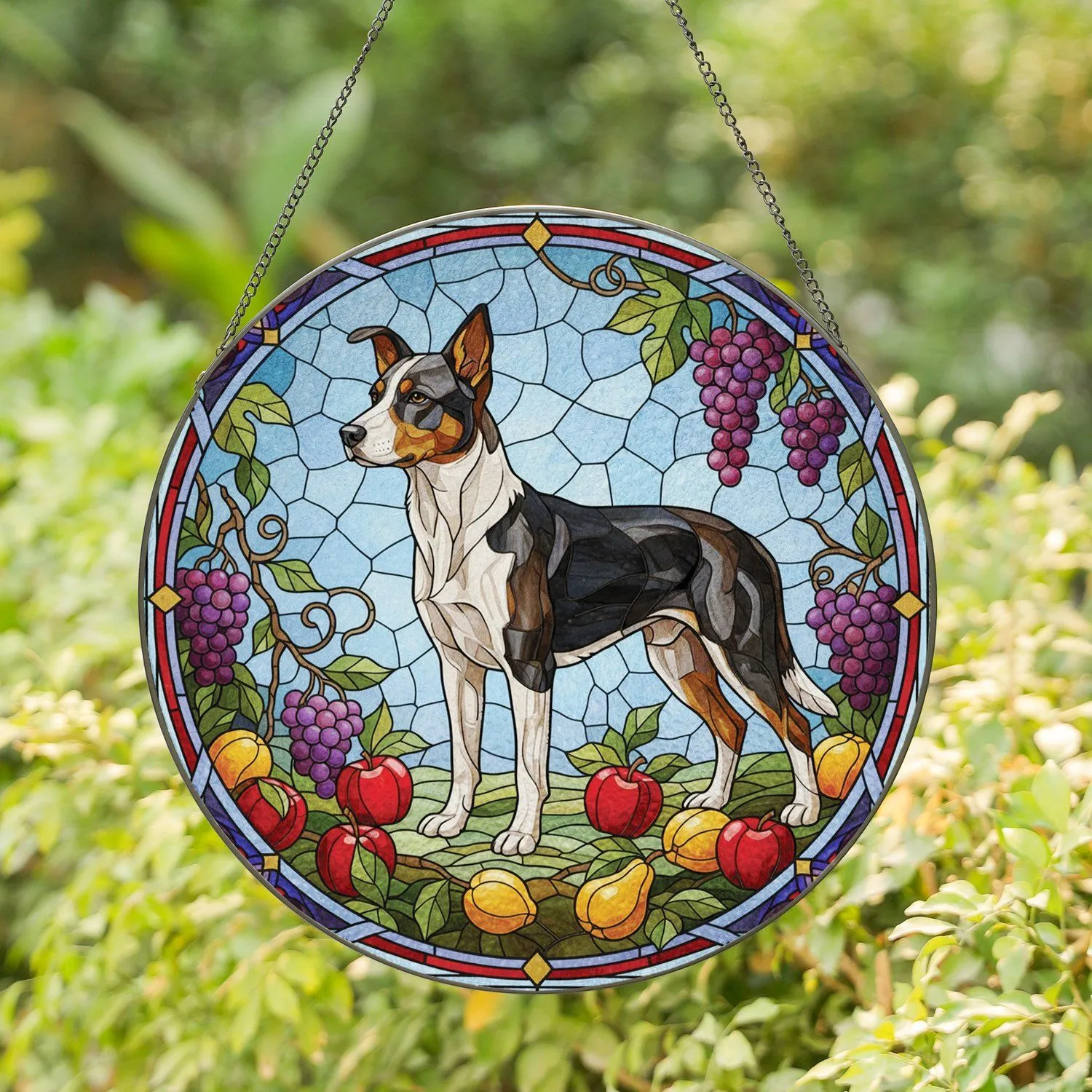 Tricolor Dog Grapes Apples Citrus Fruit - Home Decor Gift for Dog Lover Stained Glass Suncatcher - 1