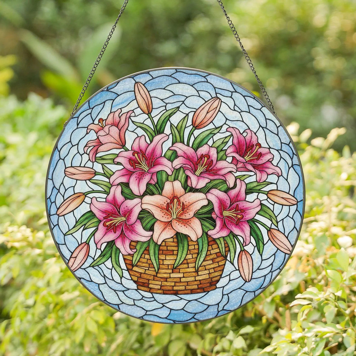 Overflowing Oriental Lilies Bouquet Rounded Basket Lush Foliage Mosaic Sky Home Decor Gift Stained Glass Suncatcher - 1