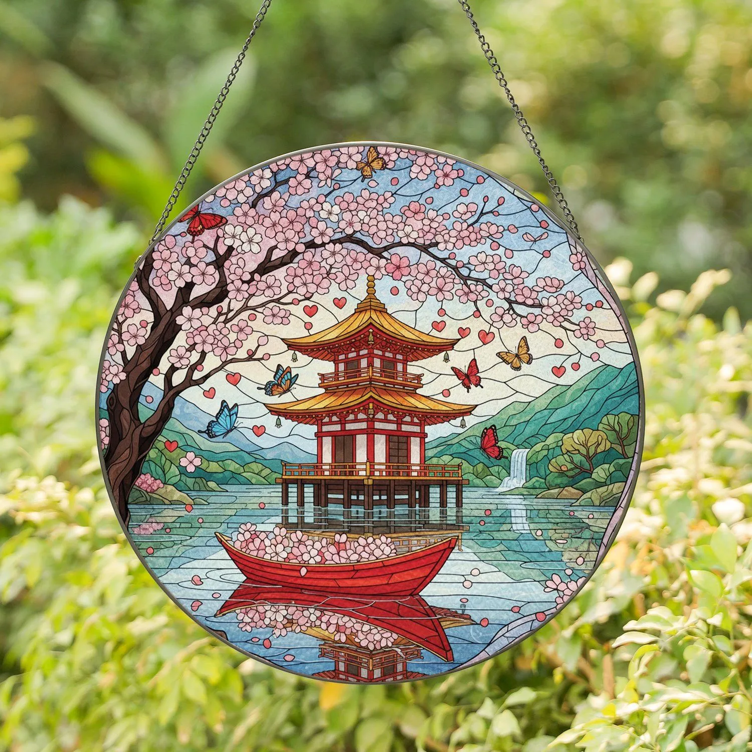 Japanese Pagoda Cherry Blossom Water Scene with Red Boat Butterflies - Home Decor Gift Stained Glass Suncatcher - 1
