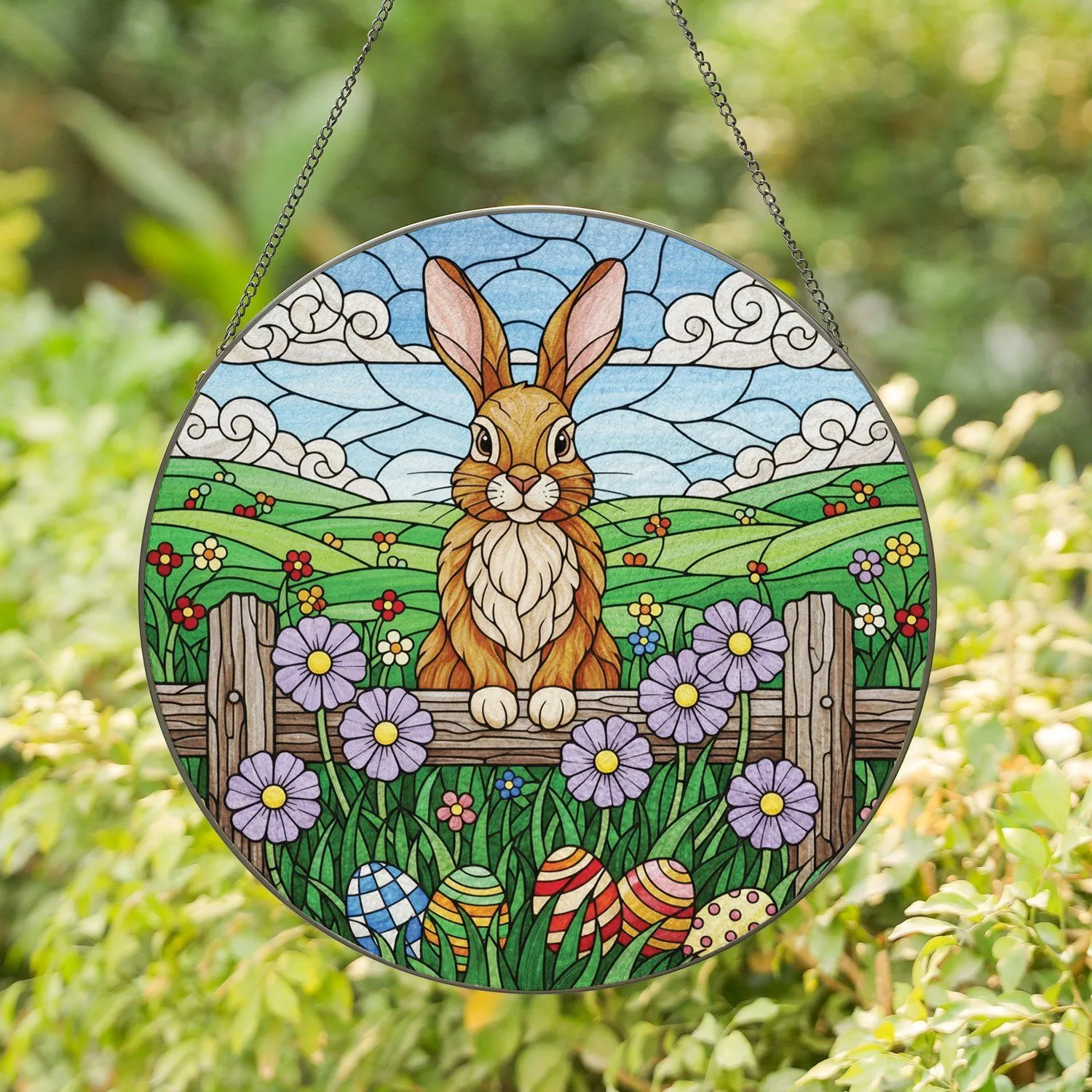 Brown Easter Bunny Wooden Fence Decorated Eggs Purple Flowers Meadow - Spring Home Decor Gift Stained Glass Suncatcher - 1