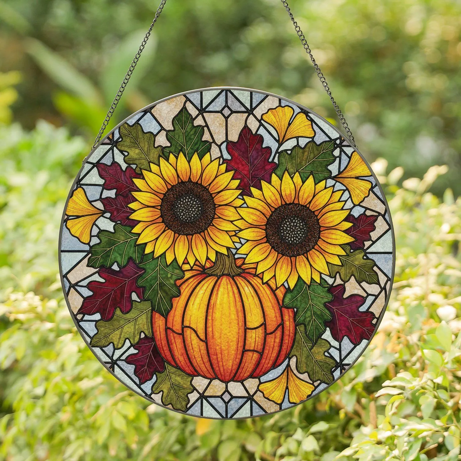 Prominent Sunflowers Rustic Pumpkin Autumn Leaves Geometric Mosaic - Fall Home Decor Gift Stained Glass Suncatcher - 1