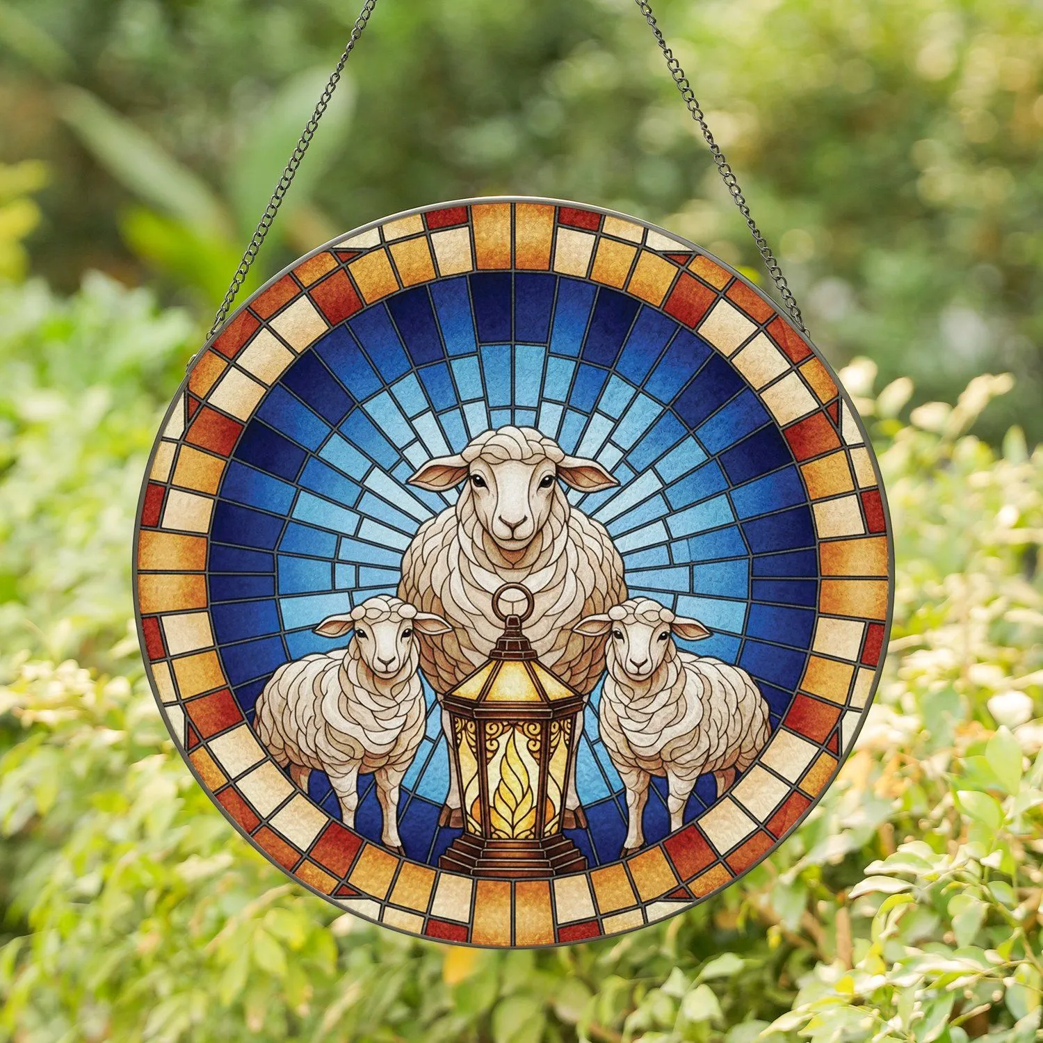 Three Sheep Ornate Lantern Stained Glass - Home Decor Gift Stained Glass Suncatcher - 1