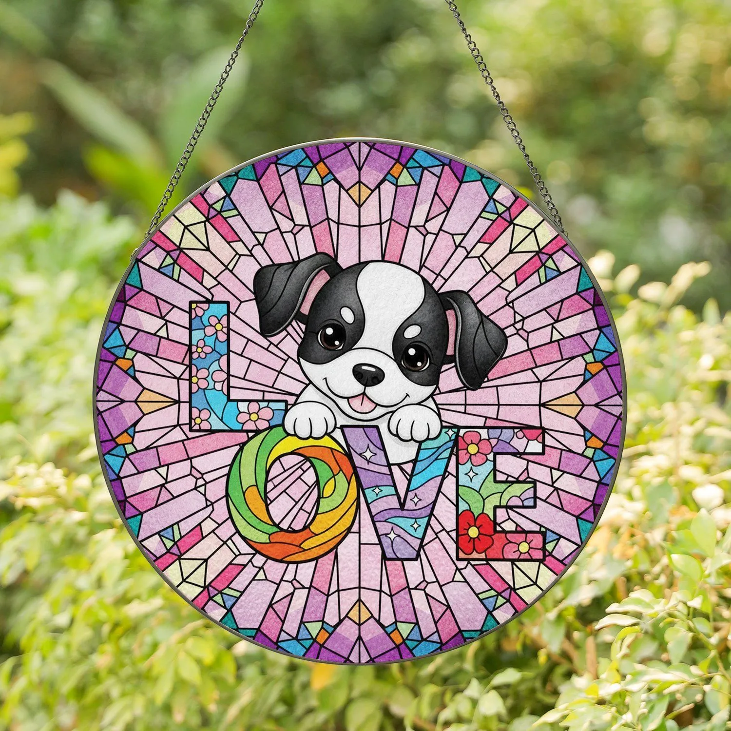 Stained Glass Floppy Ear Puppy LOVE Letters - Dog Lover Home Decor Gift Stained Glass Suncatcher - 1