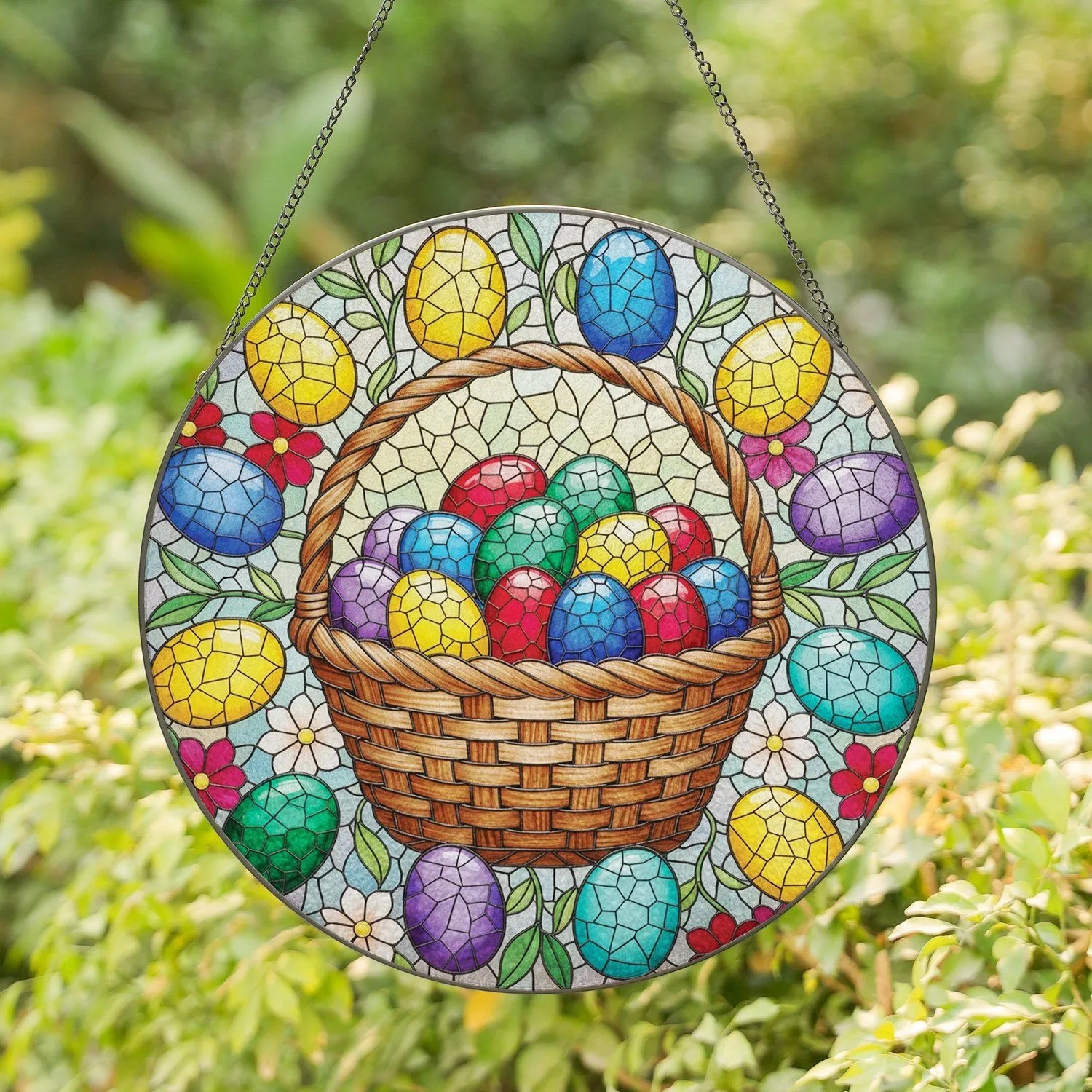 Easter Basket Eggs Blooming Flowers - Easter Gift Spring Decor Stained Glass Suncatcher - 1