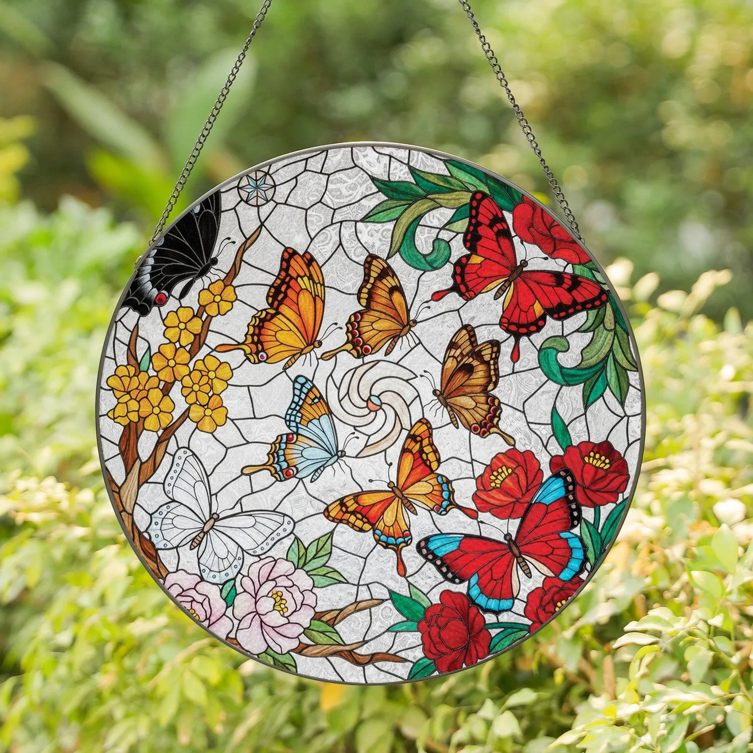 Six Butterflies Rose Peony Flowers - Home Decor Gift for Butterfly Lover Stained Glass Suncatcher - 1
