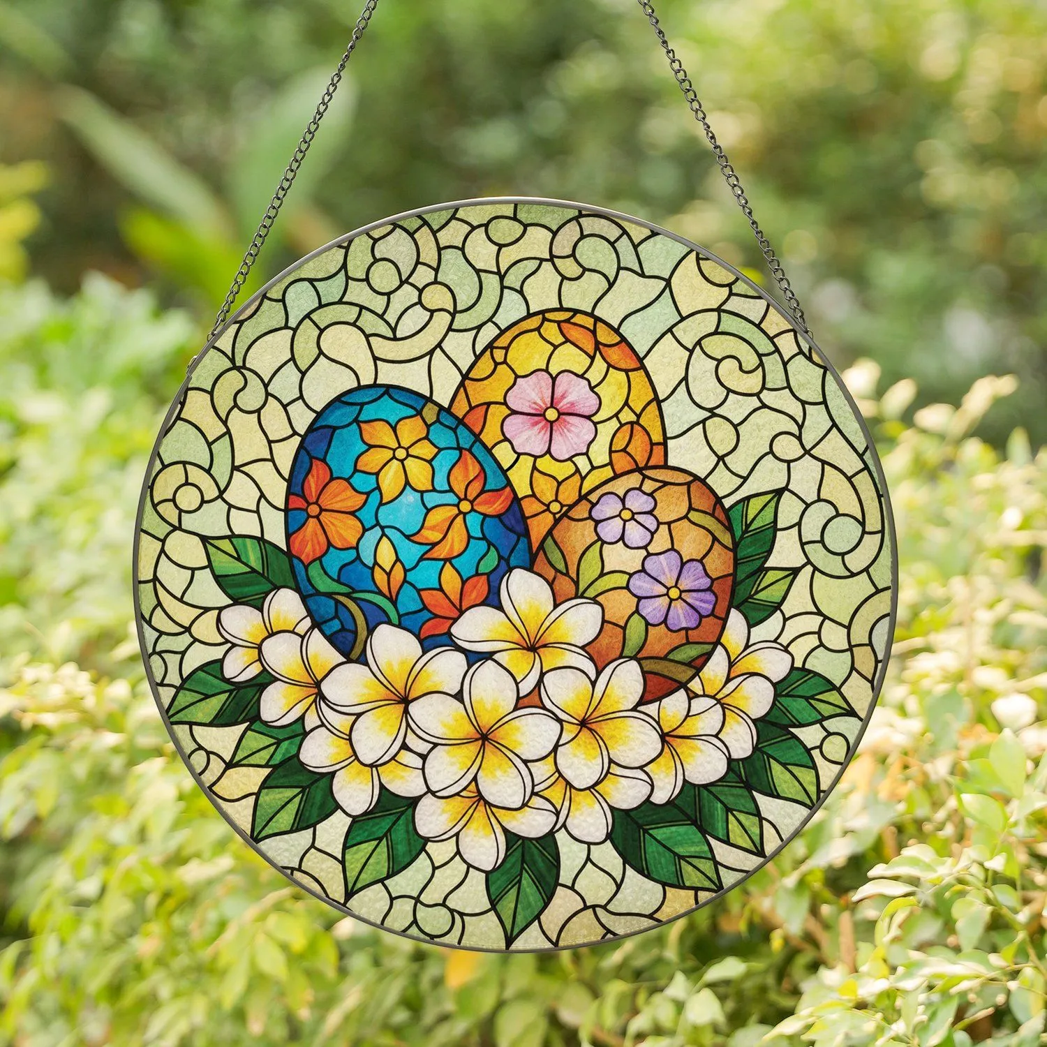 Stained Glass Eggs Frangipani Leaves Swirling Organic Mosaic - Home Decor Gift Stained Glass Suncatcher - 1