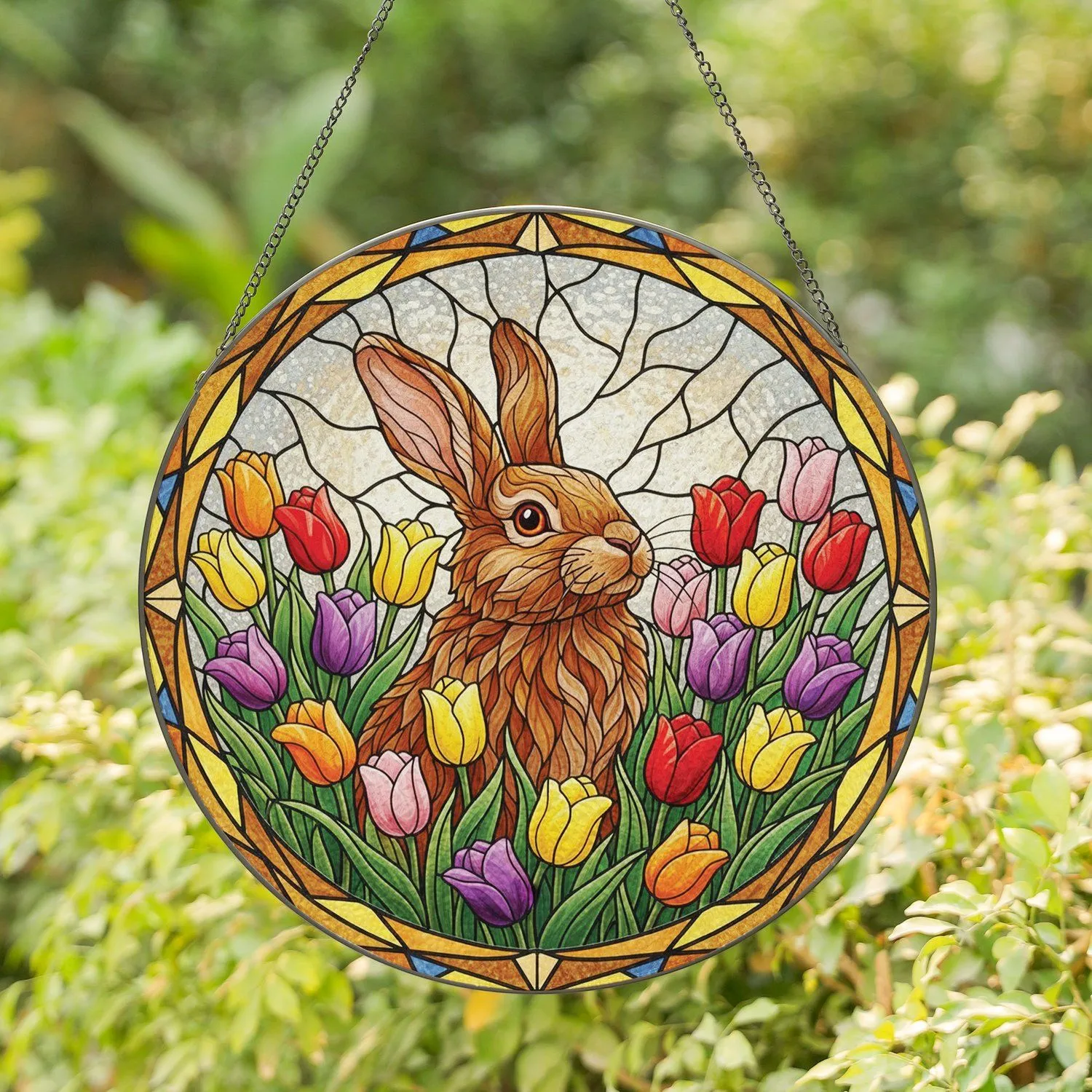Bunny Tulip Field - Window Decor Gift for Gardeners and Wildlife Lovers Stained Glass Suncatcher - 1