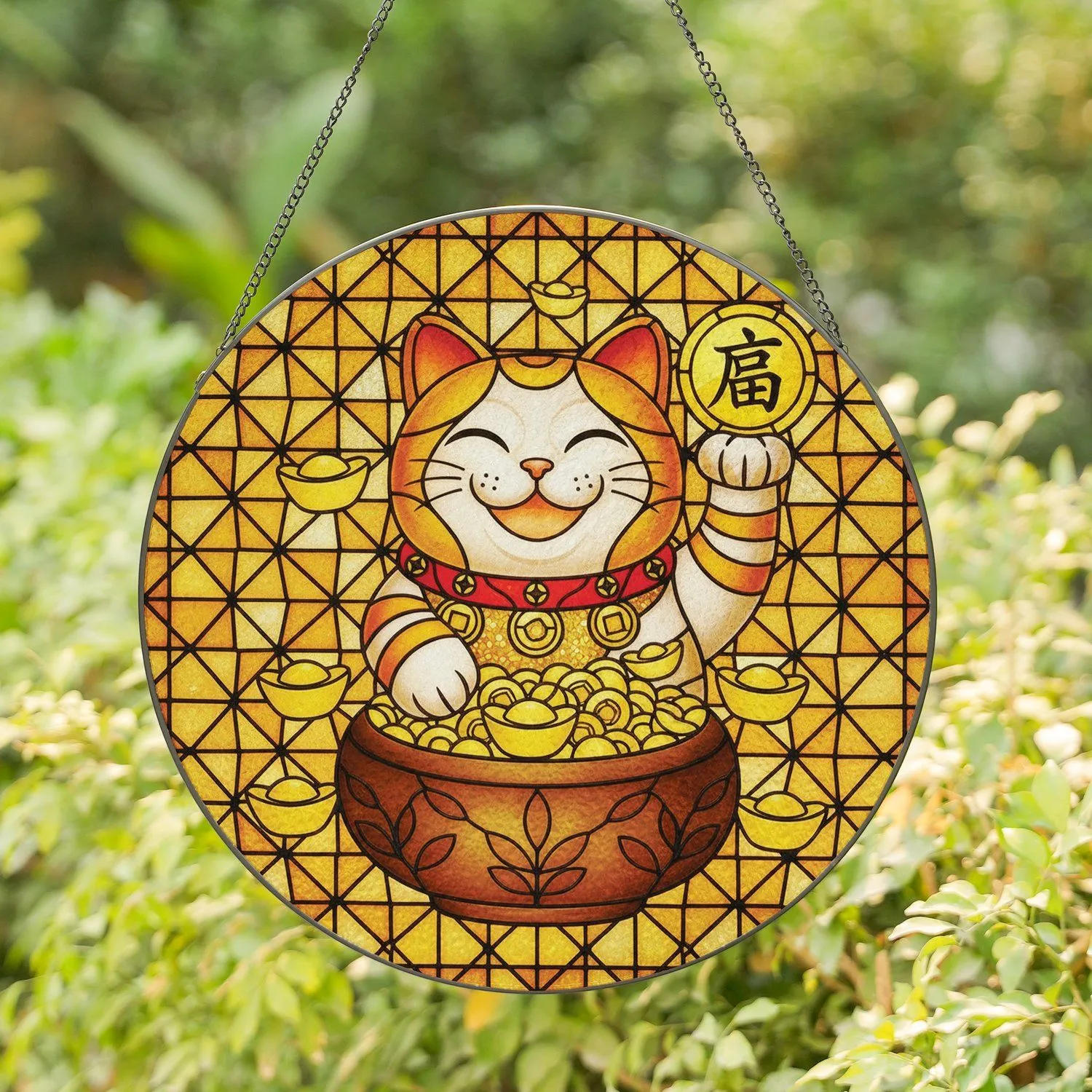 Maneki-Neko Lucky Cat Gold Coin Sycee - Wealth Luck Home Decor Gift for Cat Lover Stained Glass Suncatcher - 1