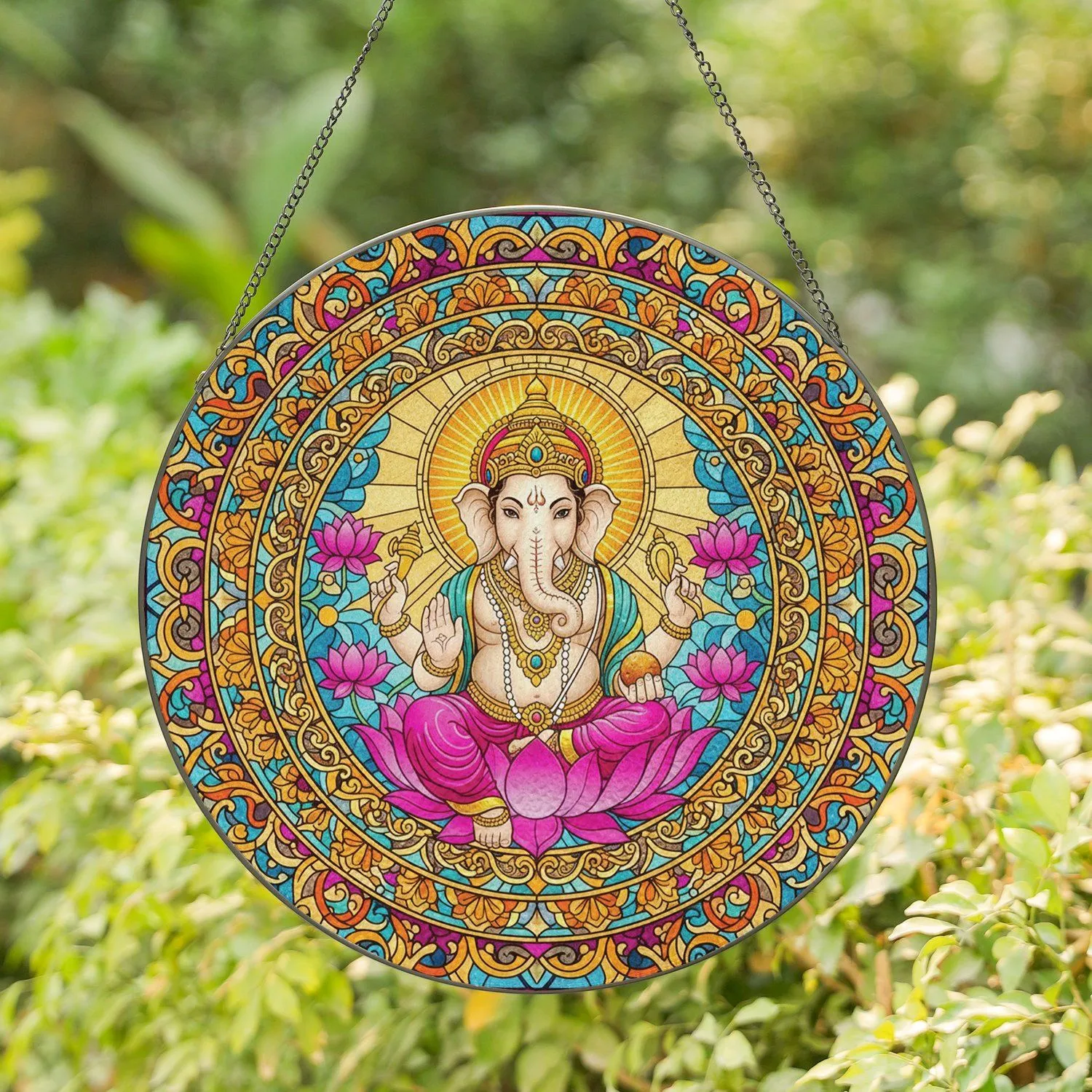 Lord Ganesha Lotus Elephant - Spiritual Home Decor Gift for Yoga Lover Stained Glass Suncatcher - 1